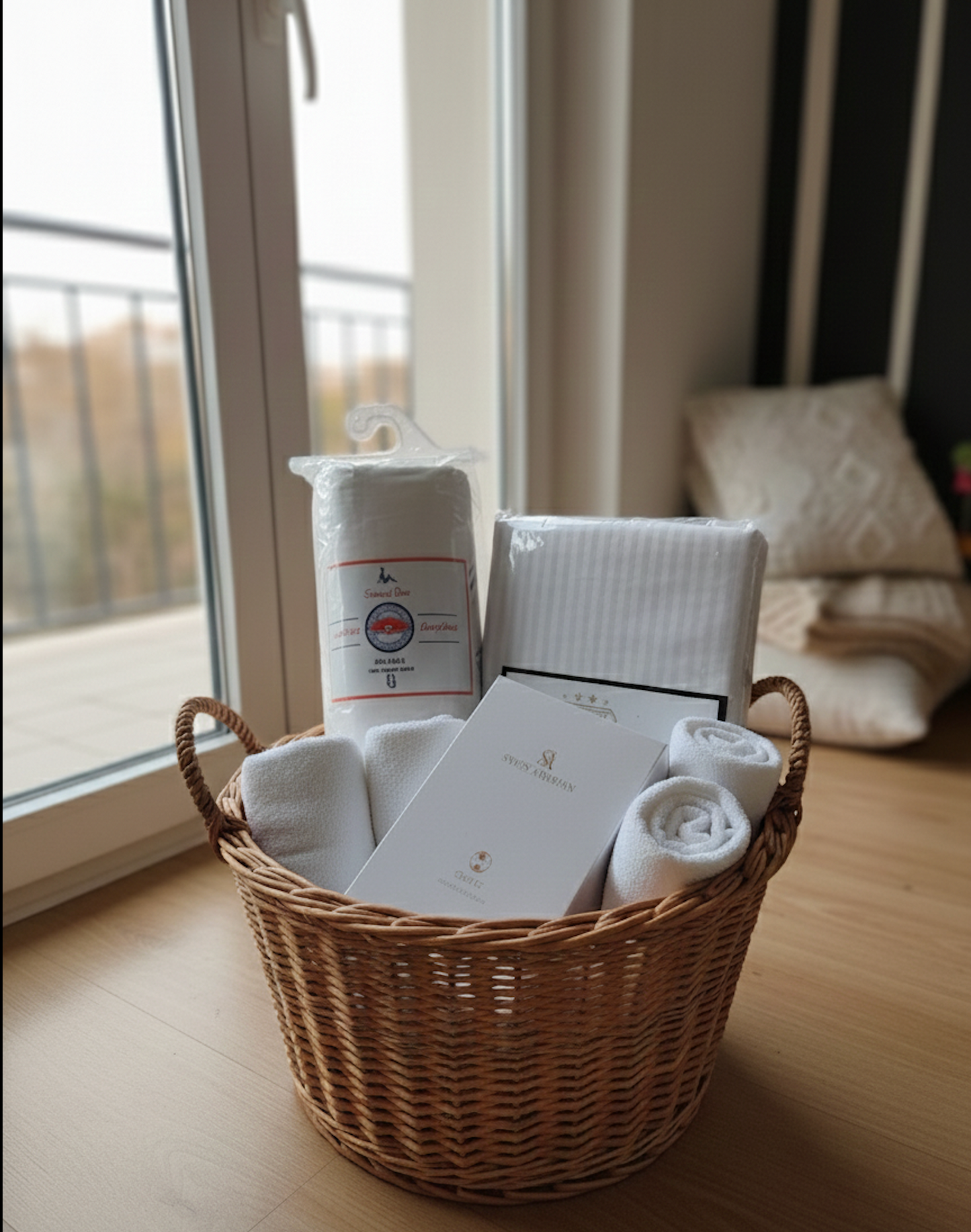 Coffret cadeau parfum et draps blancs présenté dans un panier élégant