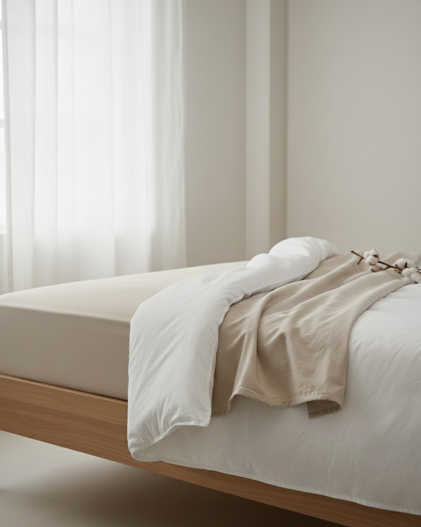 Drap plat beige 80 fils installé sur un lit, mise en situation décorative