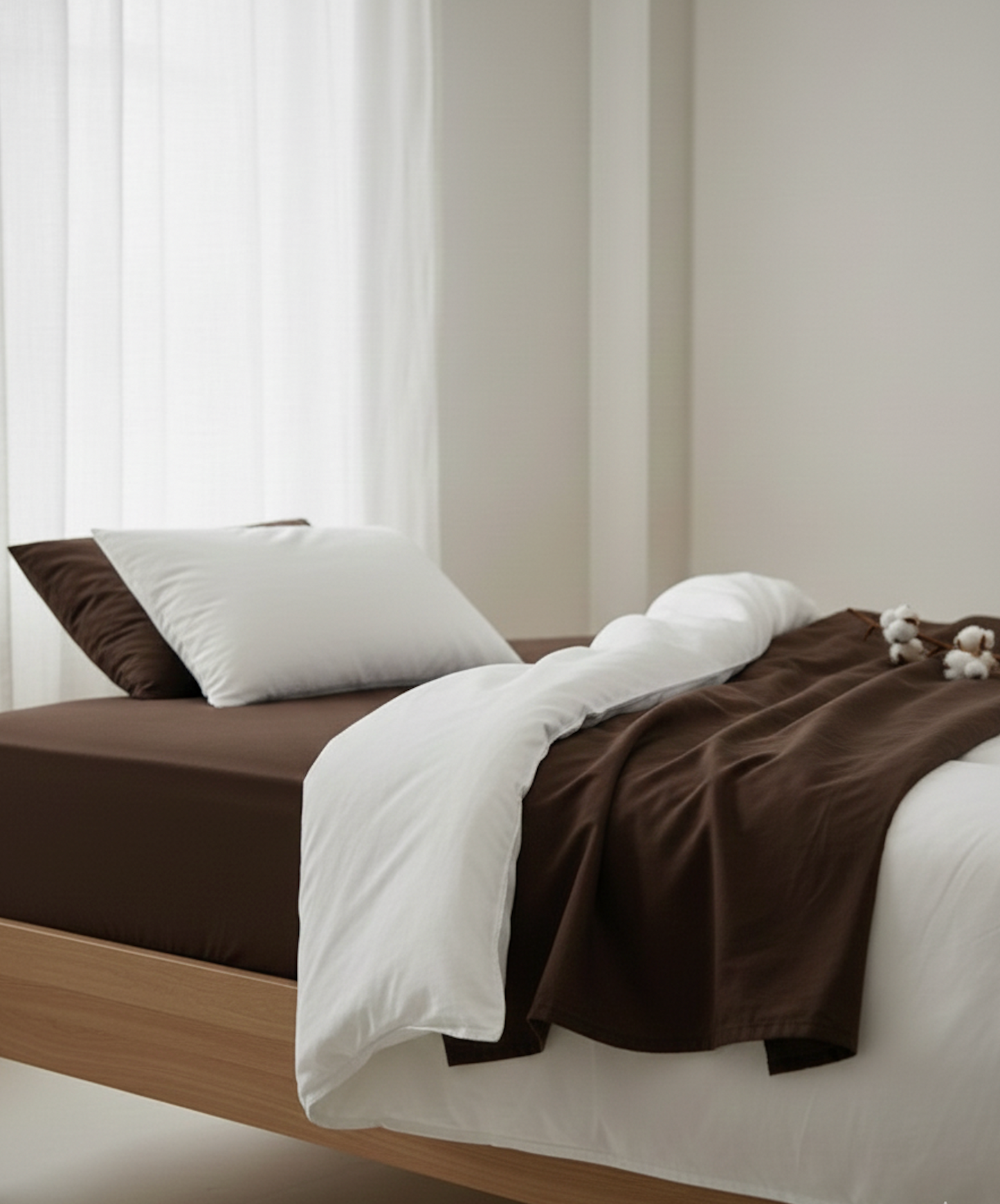 Drap plat marron 80 fils installé sur un lit, mise en situation décorative