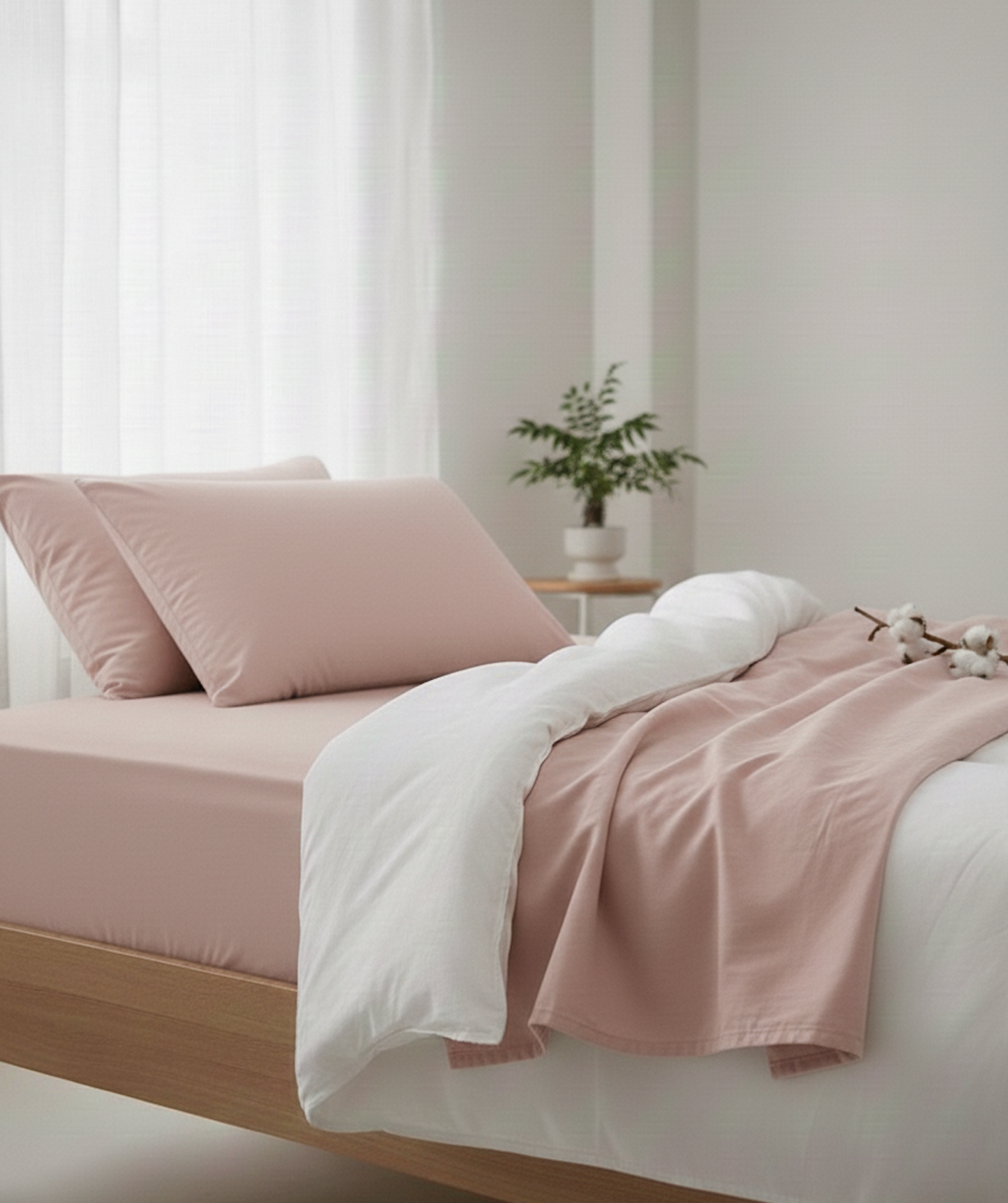 Drap plat rose 80 fils installé sur un lit, mise en scène décoration chambre