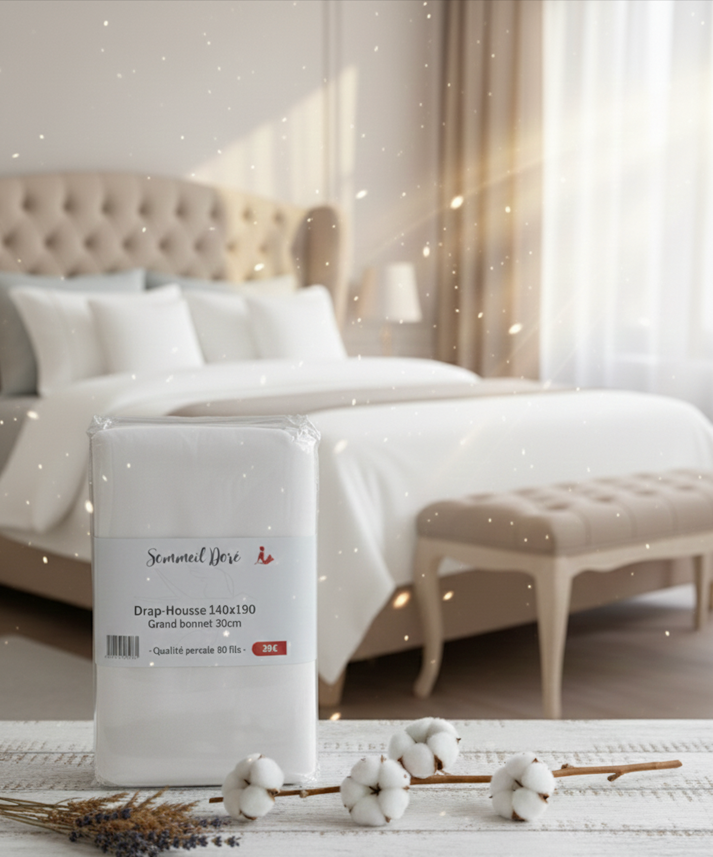 Ensemble de draps en coton percale blanc avec housse et drap plat, linge de lit doux et élégant posé sur un lit