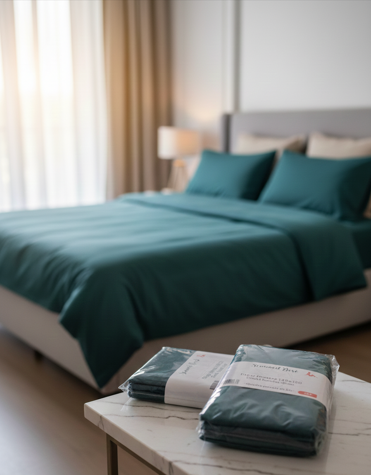 Ensemble de draps en coton percale bleu nuit avec housse et drap plat, linge de lit doux et élégant posé sur un lit