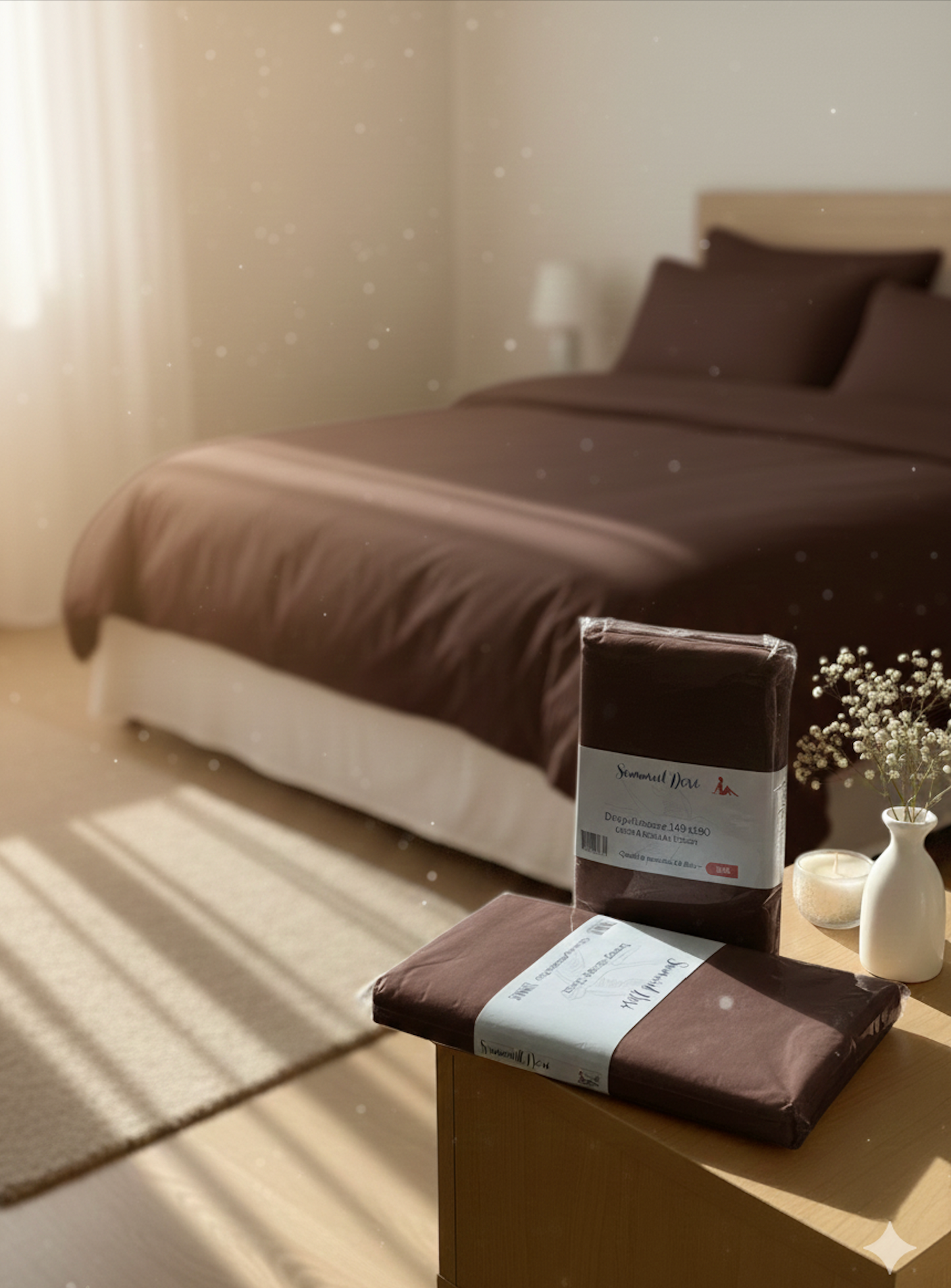 Ensemble de draps en coton percale marron clair avec housse et drap plat, linge de lit doux et élégant posé sur un lit