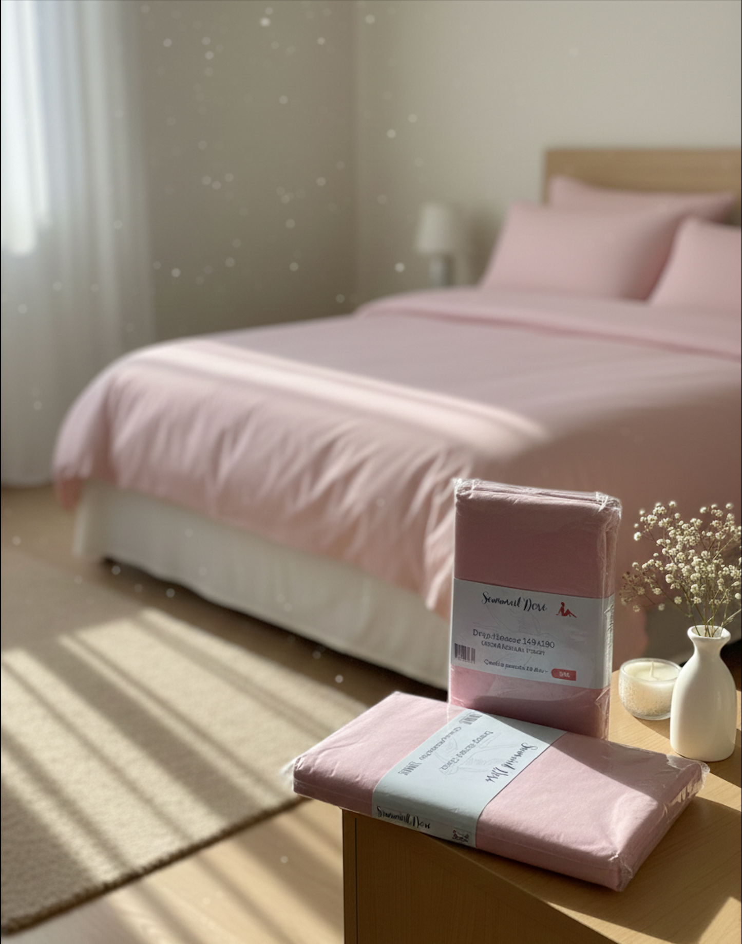 Ensemble de draps en coton percale rose clair avec housse et drap plat, linge de lit doux et élégant posé sur un lit