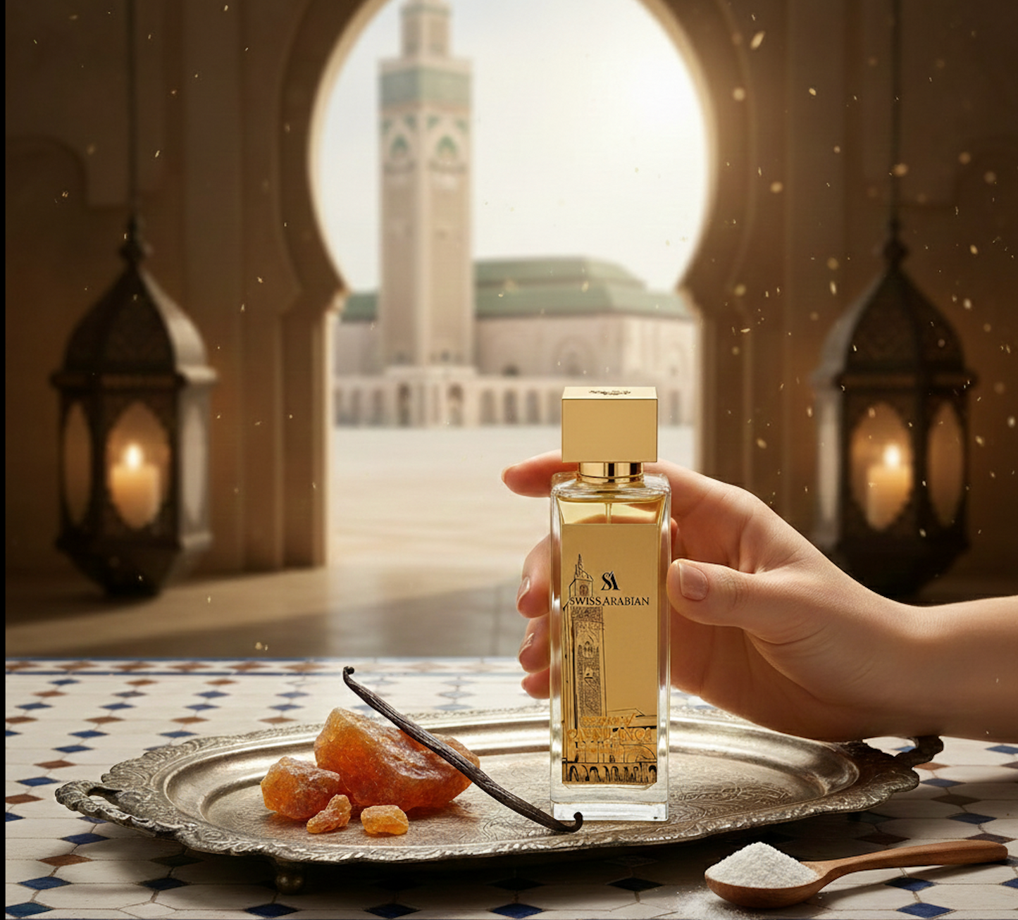 “Flacon Essence of Casablanca tenu à la main devant décor marocain avec vanille et sucre.”