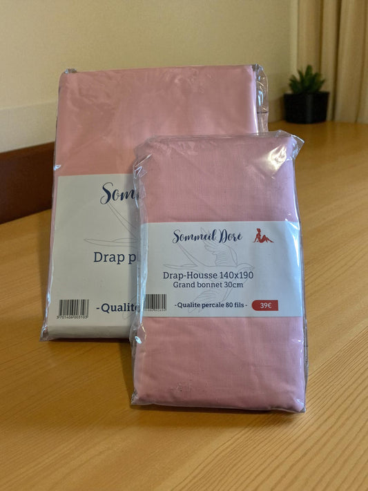 ENSEMBLE COTON PERCALE (HOUSSE + DRAP PLAT) ROSE CLAIR