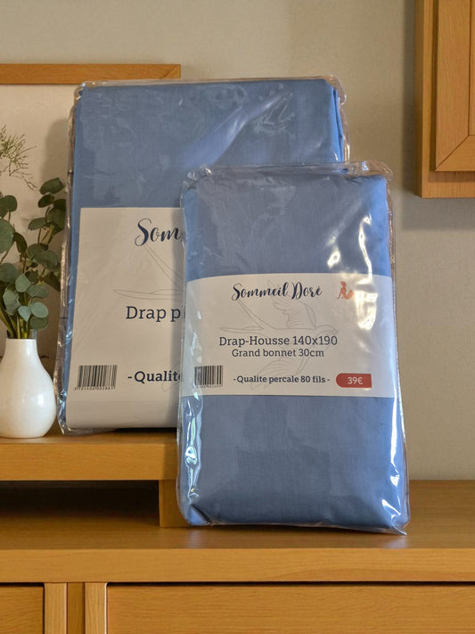 ENSEMBLE COTON PERCALE (HOUSSE + DRAP PLAT) BLEU CLAIR