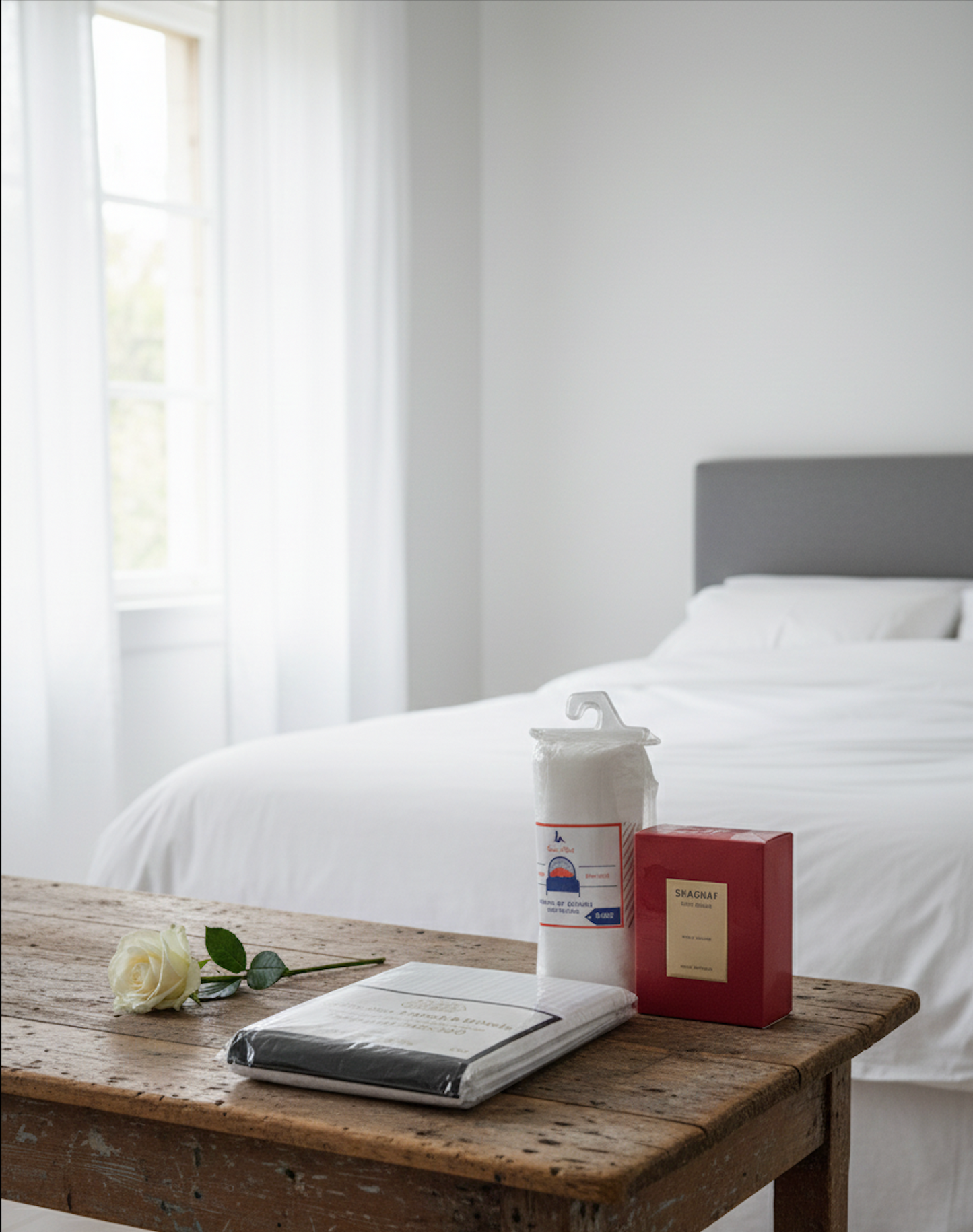 Coffret bien-être avec parfum et draps blancs posé sur une table en bois dans une chambre lumineuse