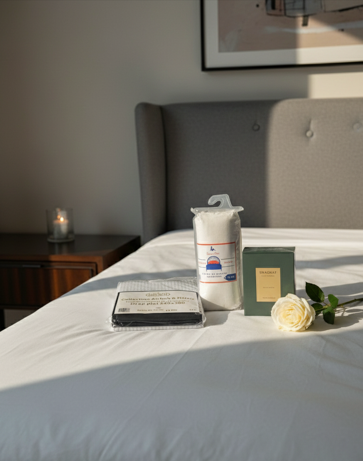 Coffret cadeau linge de lit avec parfum et fleur blanche sur lit blanc élégant