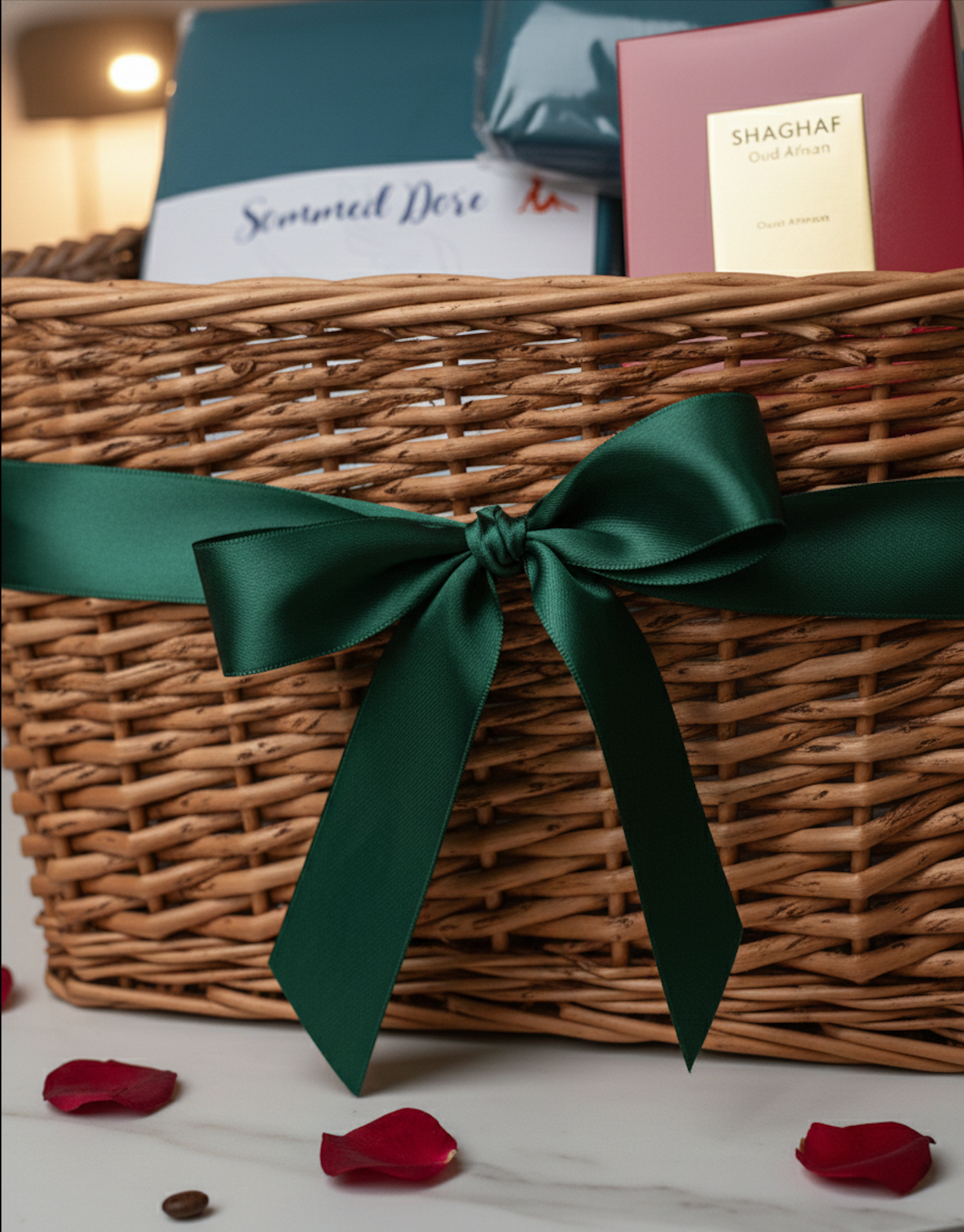 Coffret cadeau parfum et draps présenté dans un panier en osier avec ruban vert, cadeau raffiné