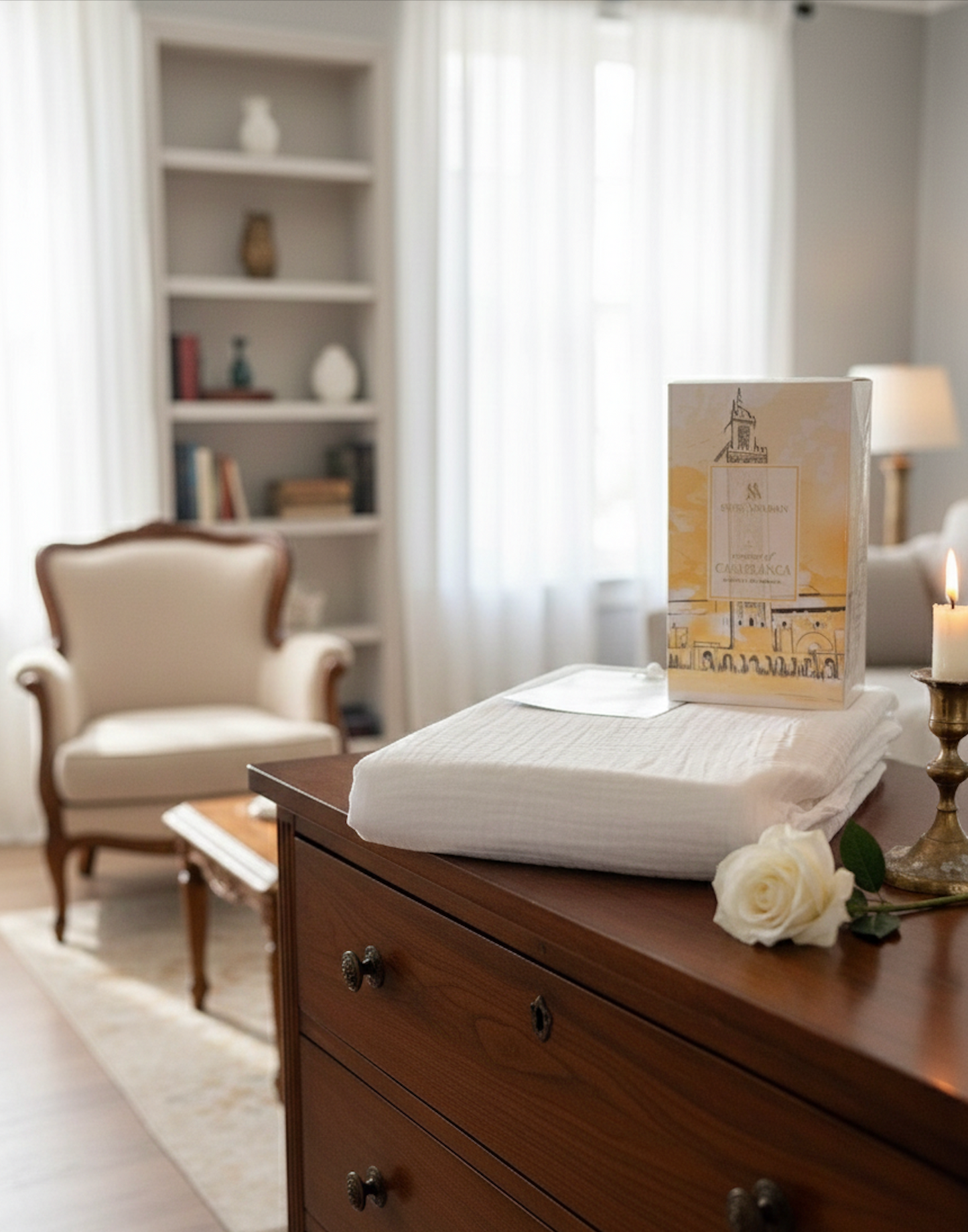 Coffret parfum Casablanca présenté sur du linge blanc avec décoration intérieure raffinée
