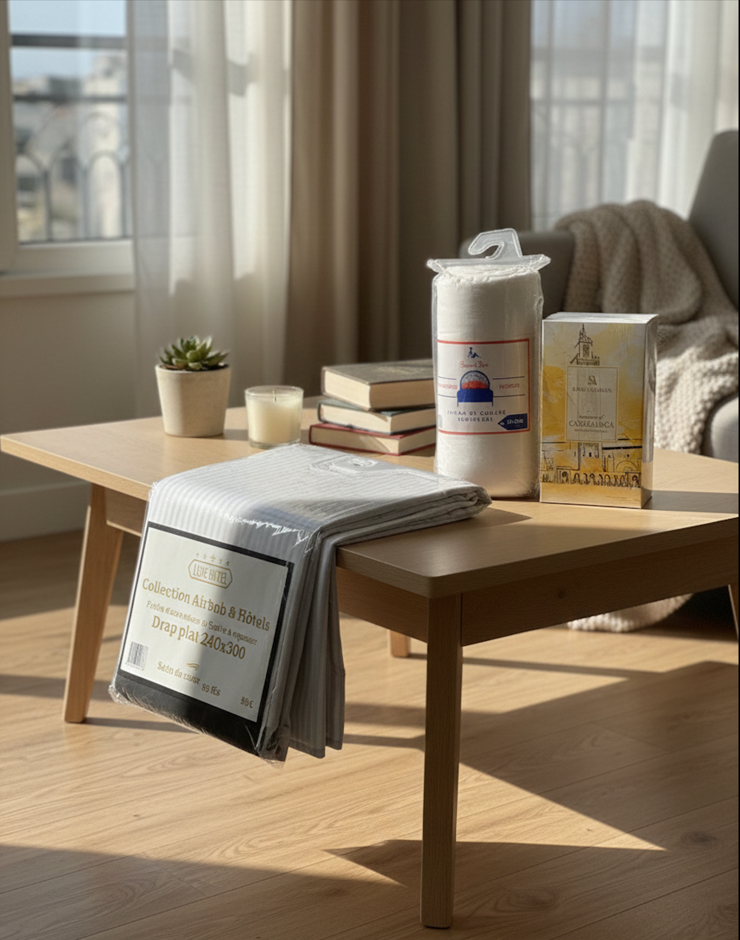 Coffret drap plat hôtel 240x300 avec parfum d’intérieur luxe posé sur une table en bois