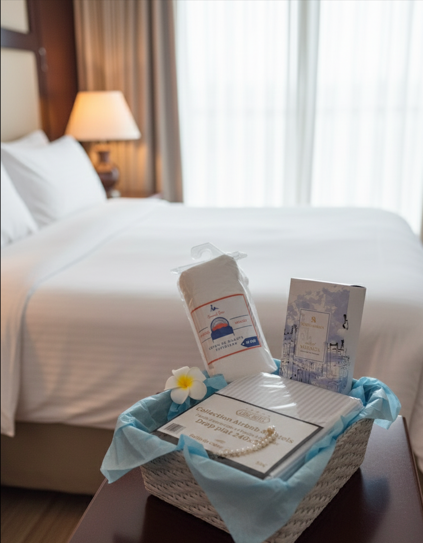 Coffret cadeau avec draps blancs et parfum posé dans un panier, ambiance chambre d’hôtel