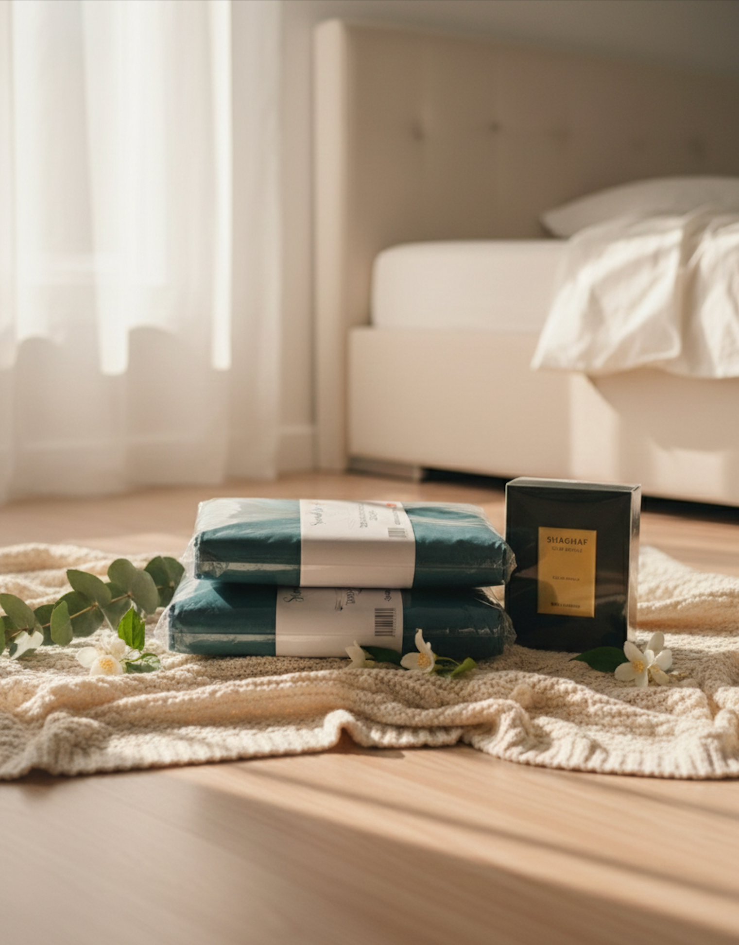 Coffret de draps vert canard présenté sur un lit dans une ambiance chambre naturelle et élégante
