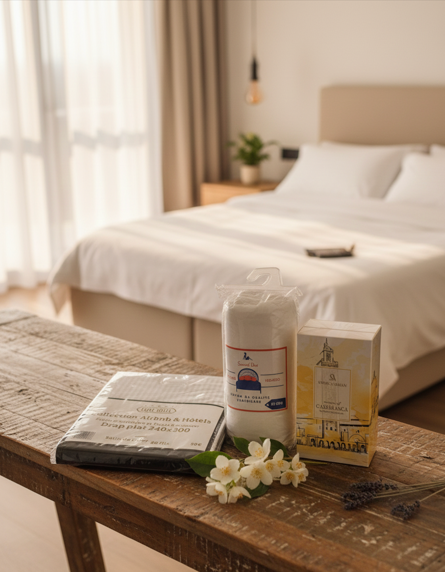 Coffret linge de lit style hôtel avec draps blancs et parfum d’ambiance mis en scène dans une chambre élégante