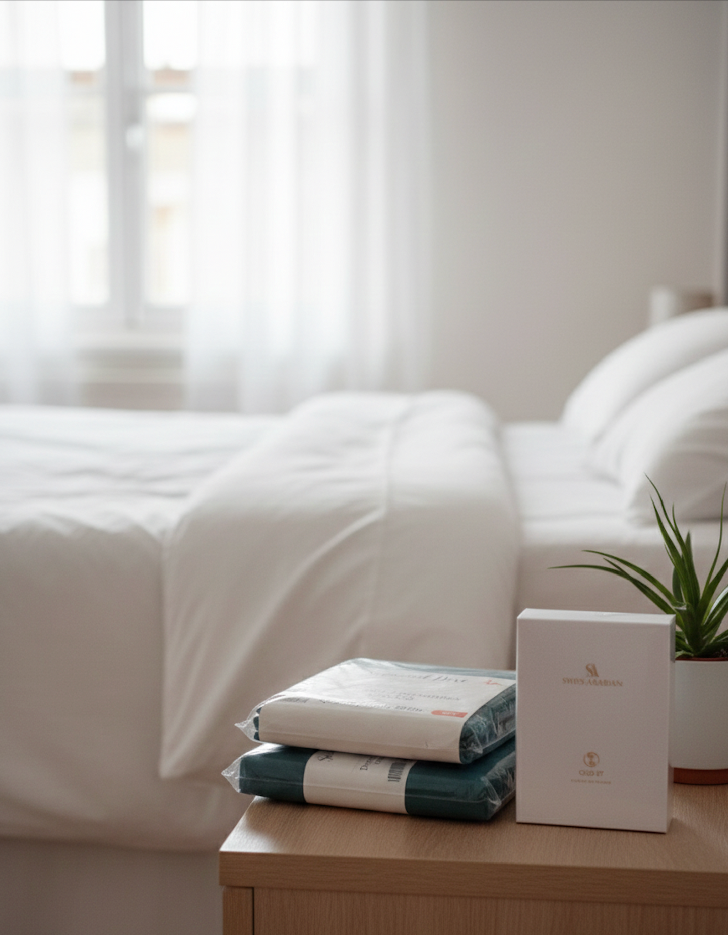 Coffret de linge de lit bleu canard posé sur un lit dans une chambre lumineuse et minimaliste