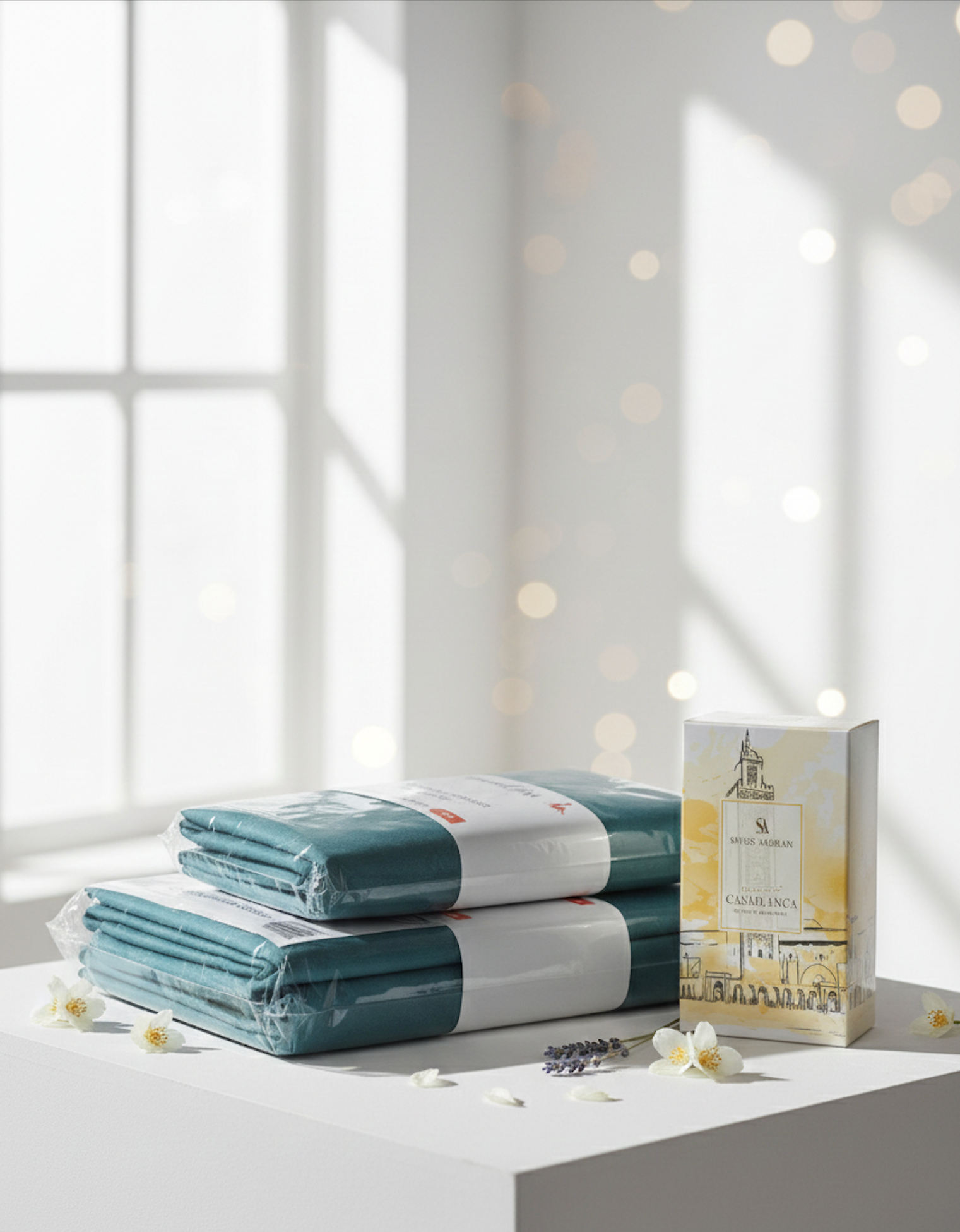 Ensemble de linge de lit en percale vert canard soigneusement plié présenté en coffret