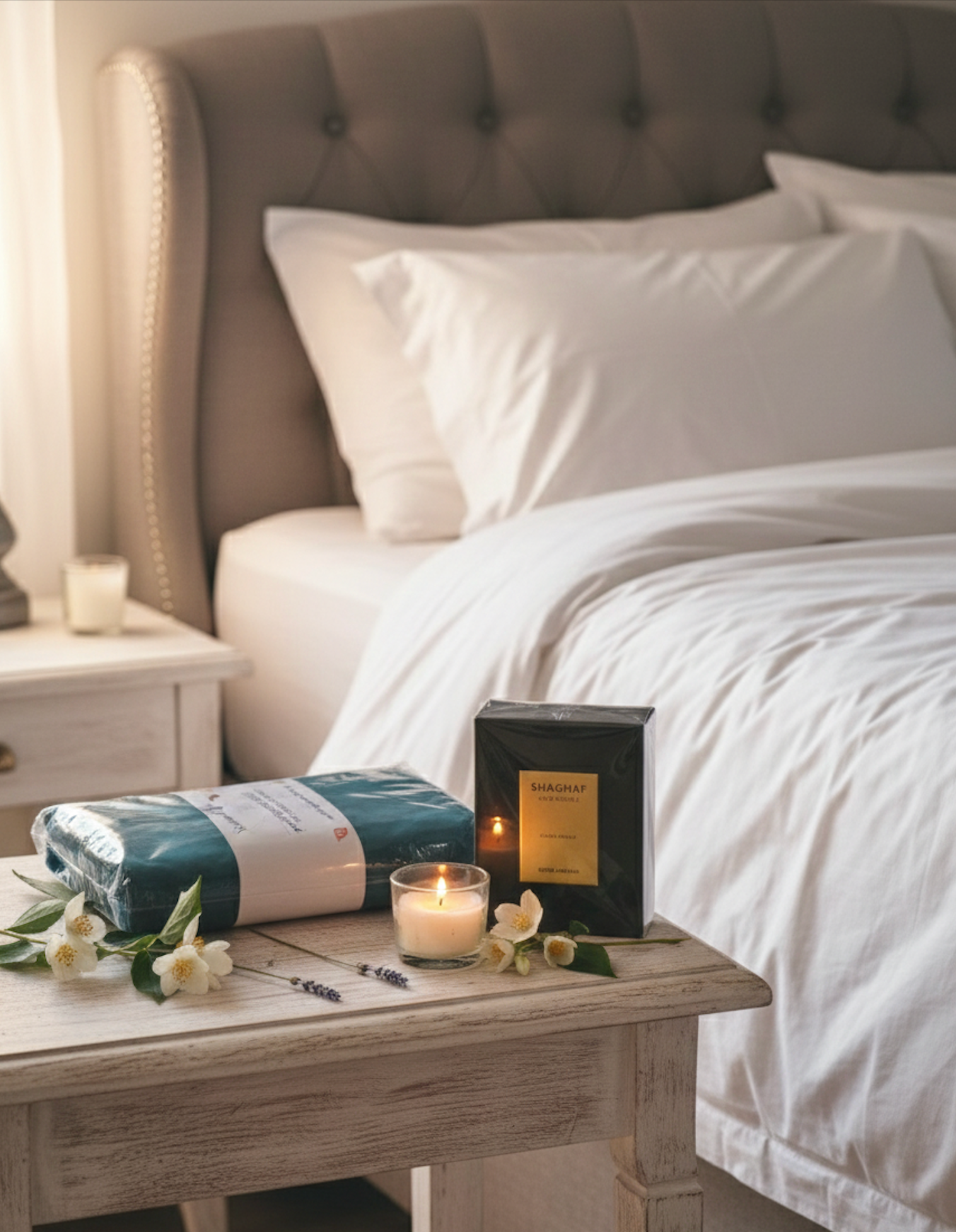 Coffret linge de lit vert canard avec bougie décorative et accessoires dans une chambre cosy