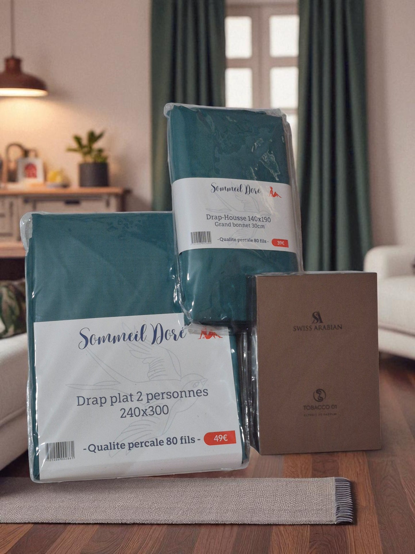 Coffret linge de lit vert canard avec drap plat percale 2 personnes et accessoires de chambre