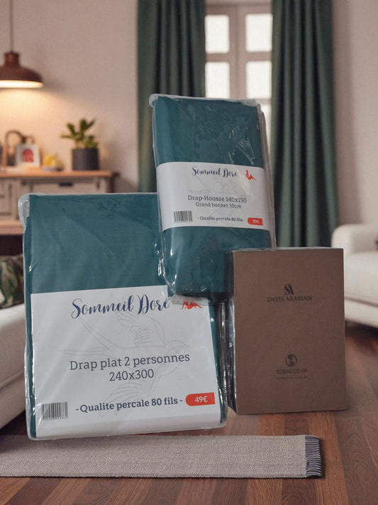 Coffret linge de lit vert canard avec drap plat percale 2 personnes et accessoires de chambre