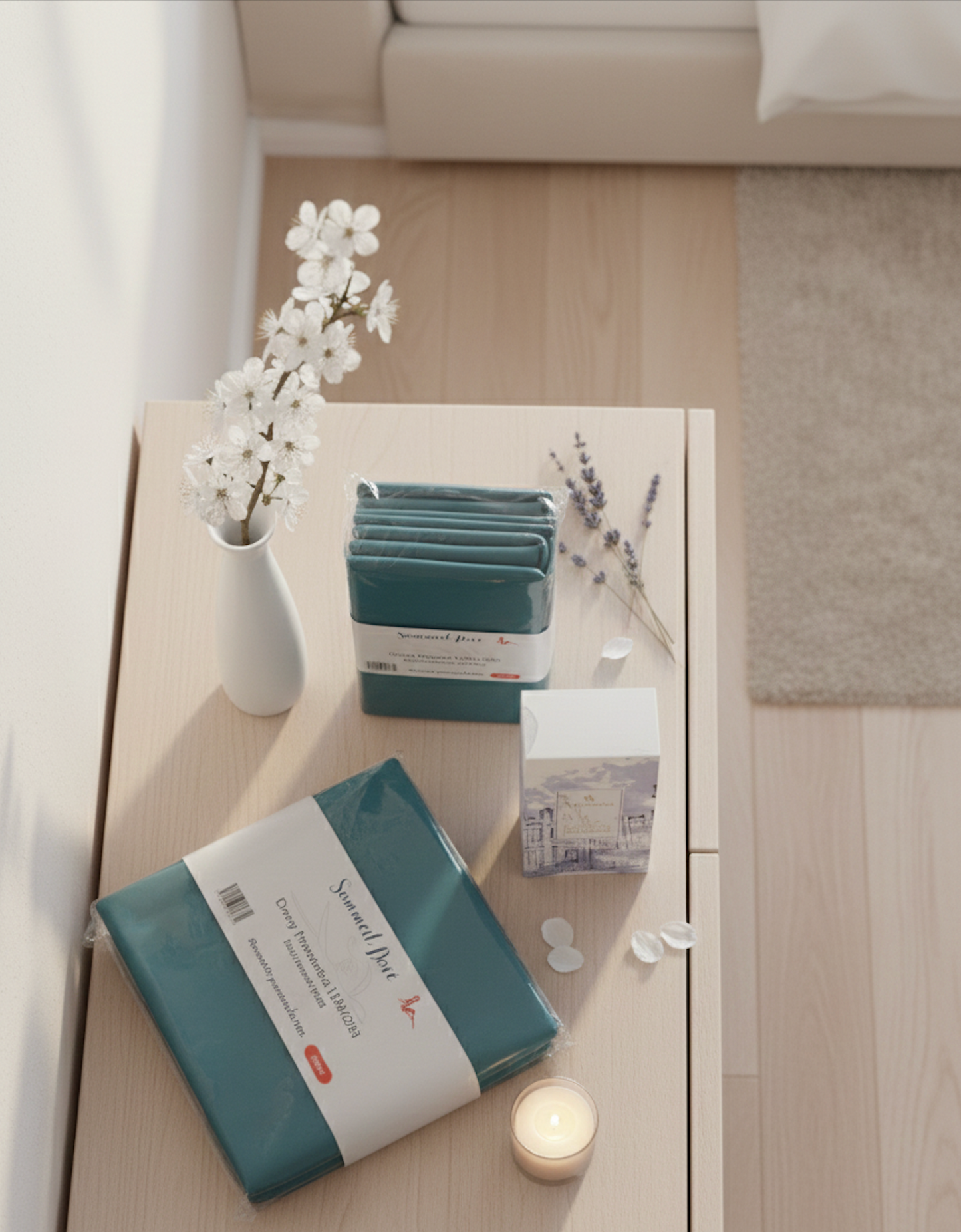 Vue du dessus d’un coffret de linge de lit vert canard Sommel Douceur avec accessoires décoratifs sur table en bois clair.