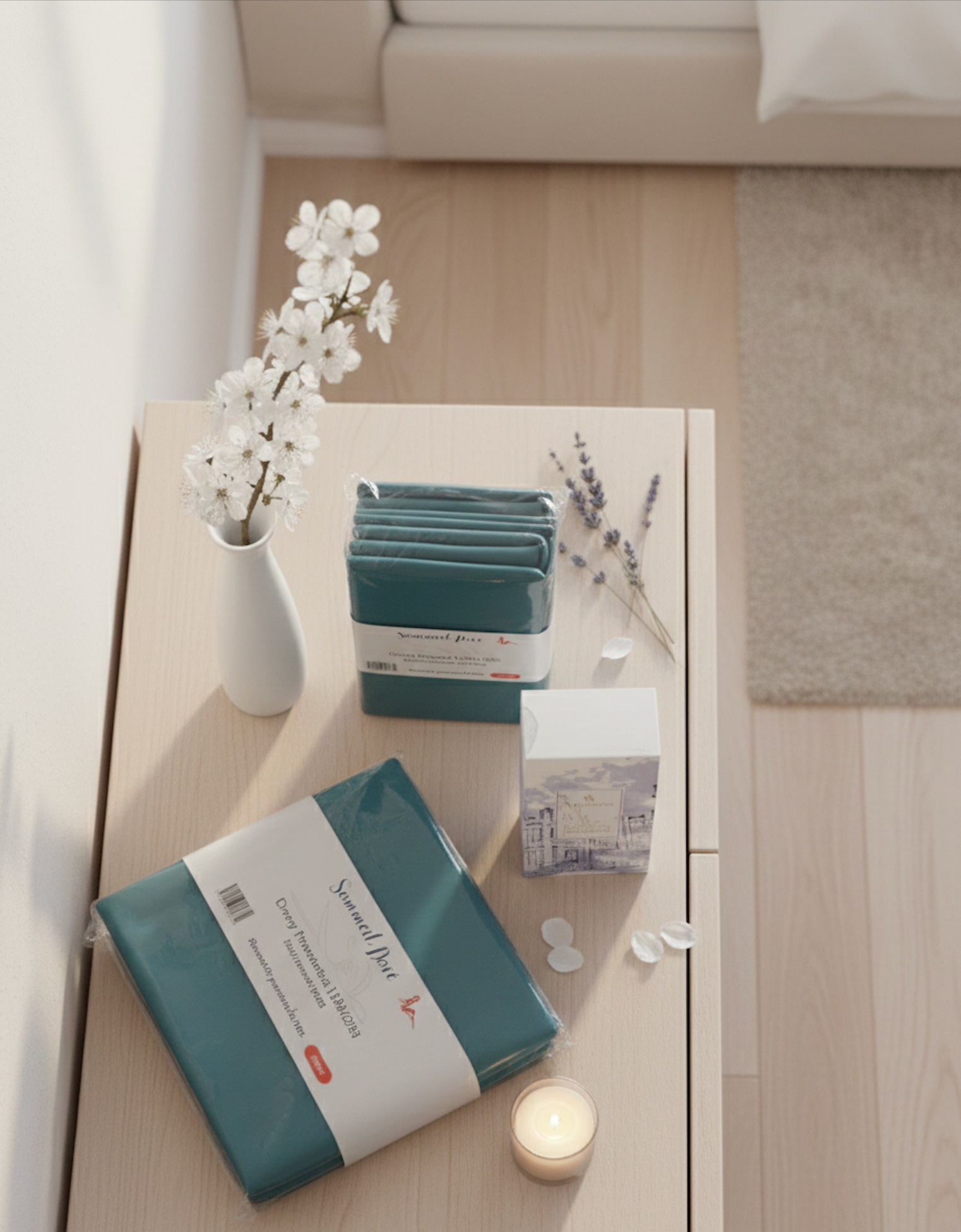 Vue du dessus d’un coffret de linge de lit vert canard Sommel Douceur avec accessoires décoratifs sur table en bois clair.