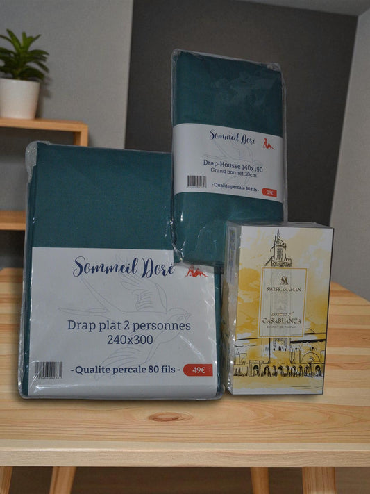 Coffret linge de lit en percale vert canard avec drap plat, drap housse et accessoires décoratifs