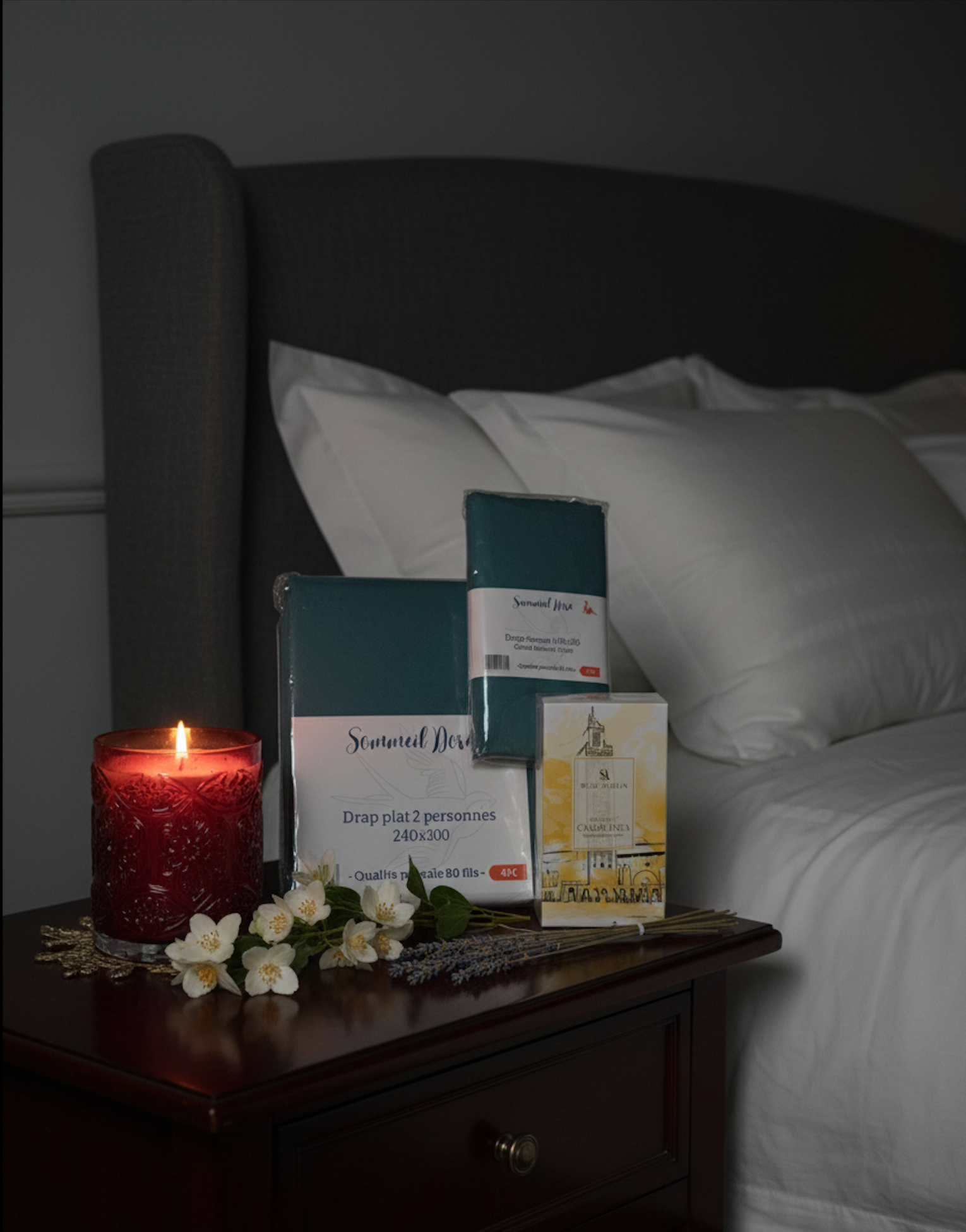 Ensemble de linge de lit en percale vert canard avec parfum posé présenté en coffret