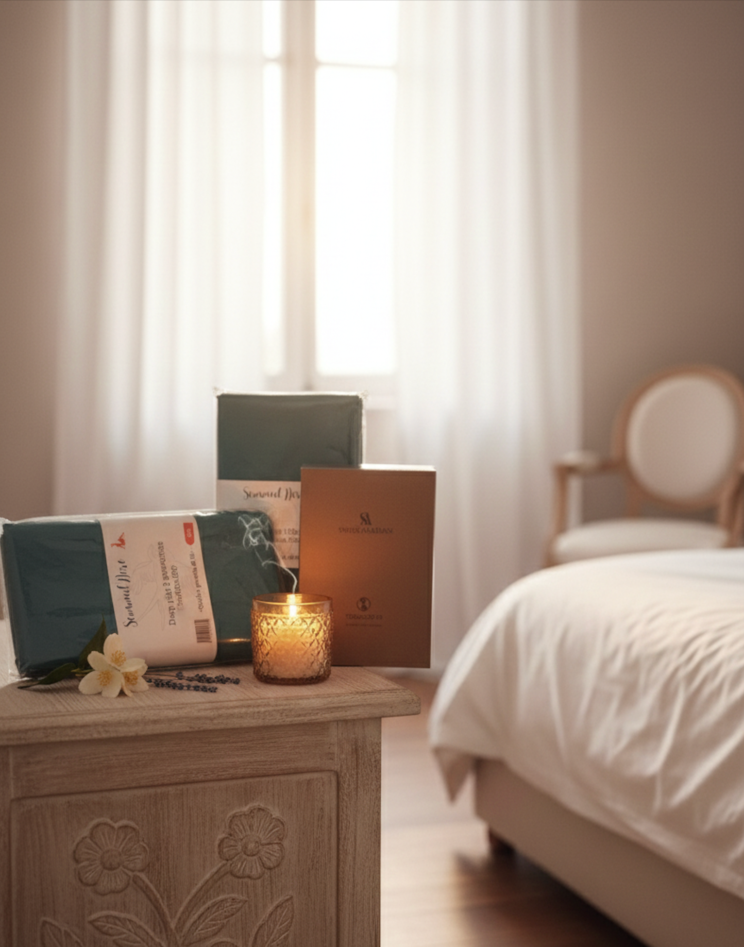 Coffret de linge de lit vert canard présenté sur table de nuit dans une chambre élégante
