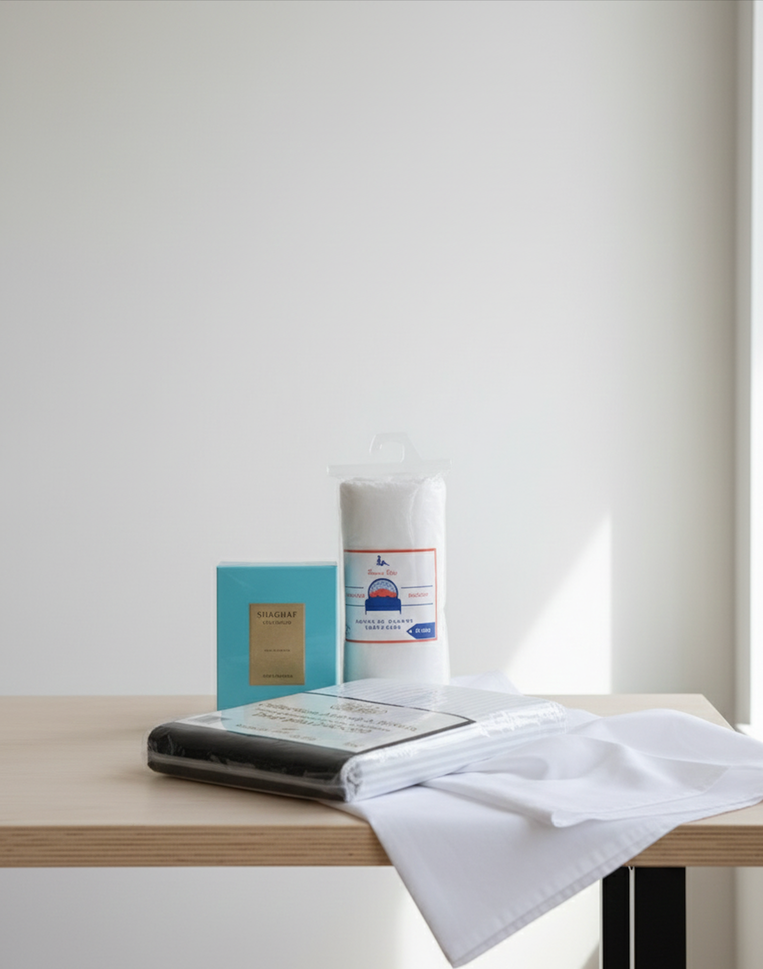 Coffret luxe avec draps blancs et parfum dans une ambiance minimaliste et épurée