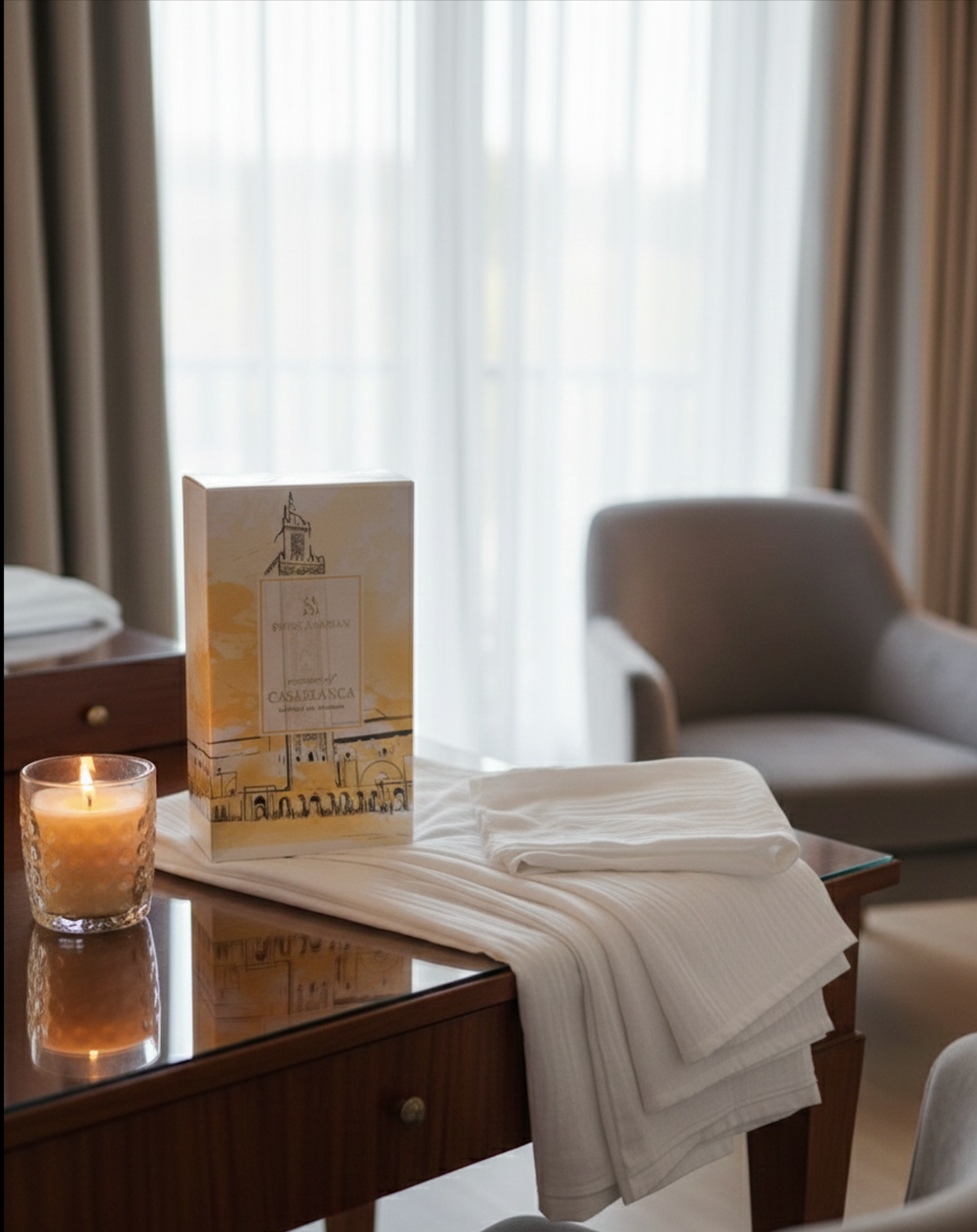 Coffret parfum Casablanca avec bougie décorative et linge blanc dans une atmosphère cosy
