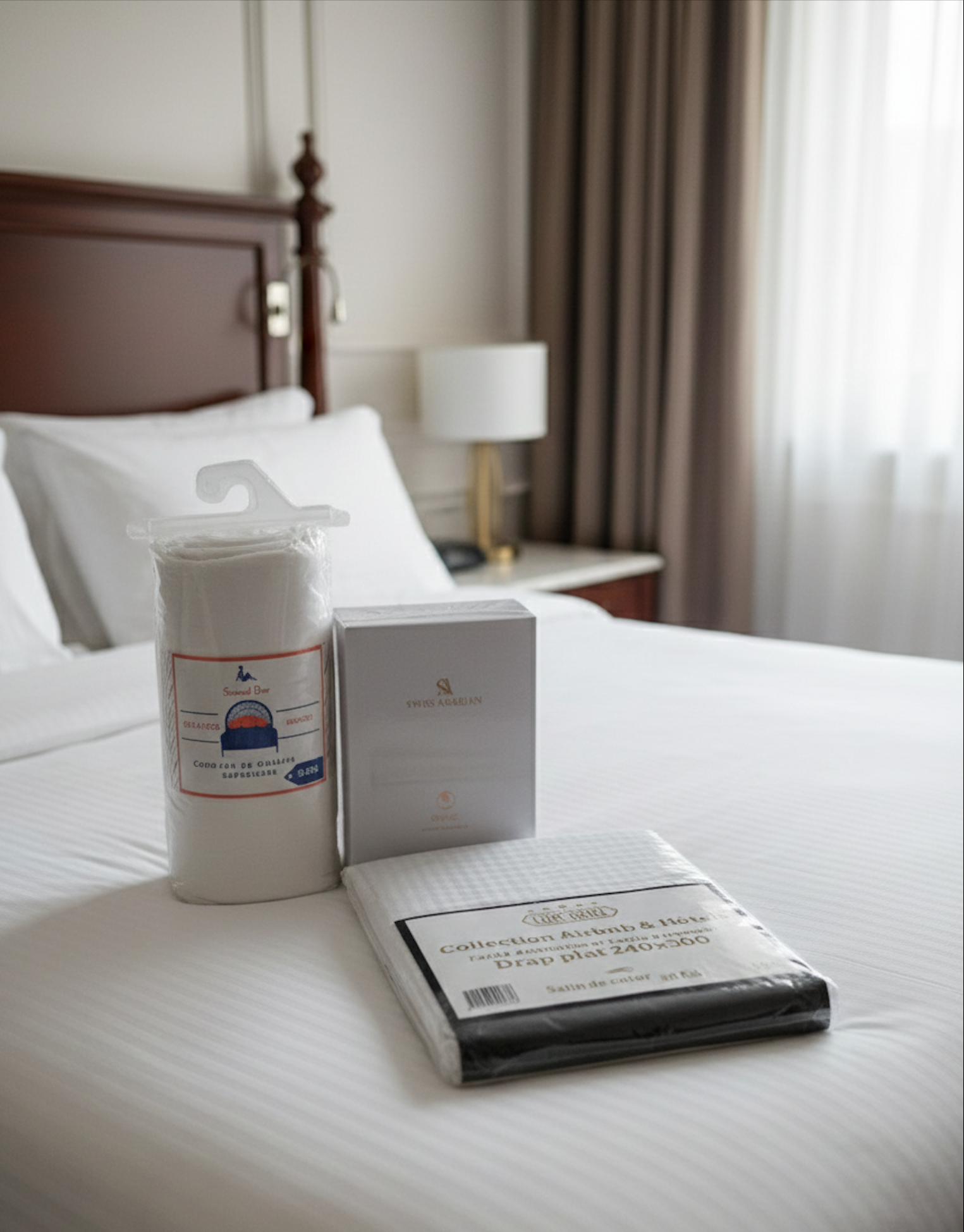 Coffret parfum et draps blancs posé sur un lit dans une ambiance chambre élégante