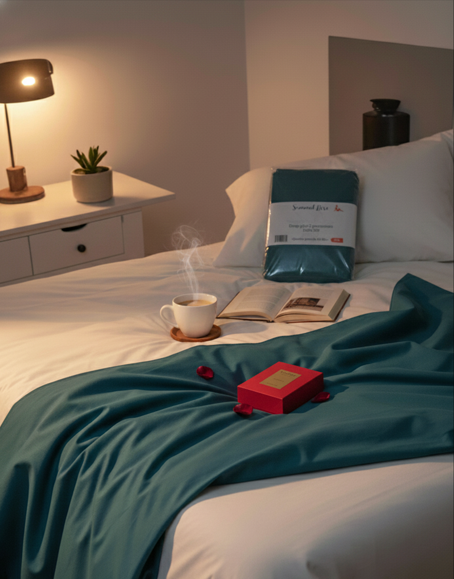 Coffret parfum et draps en coton percale posé sur un lit, ambiance chambre élégante et cosy
