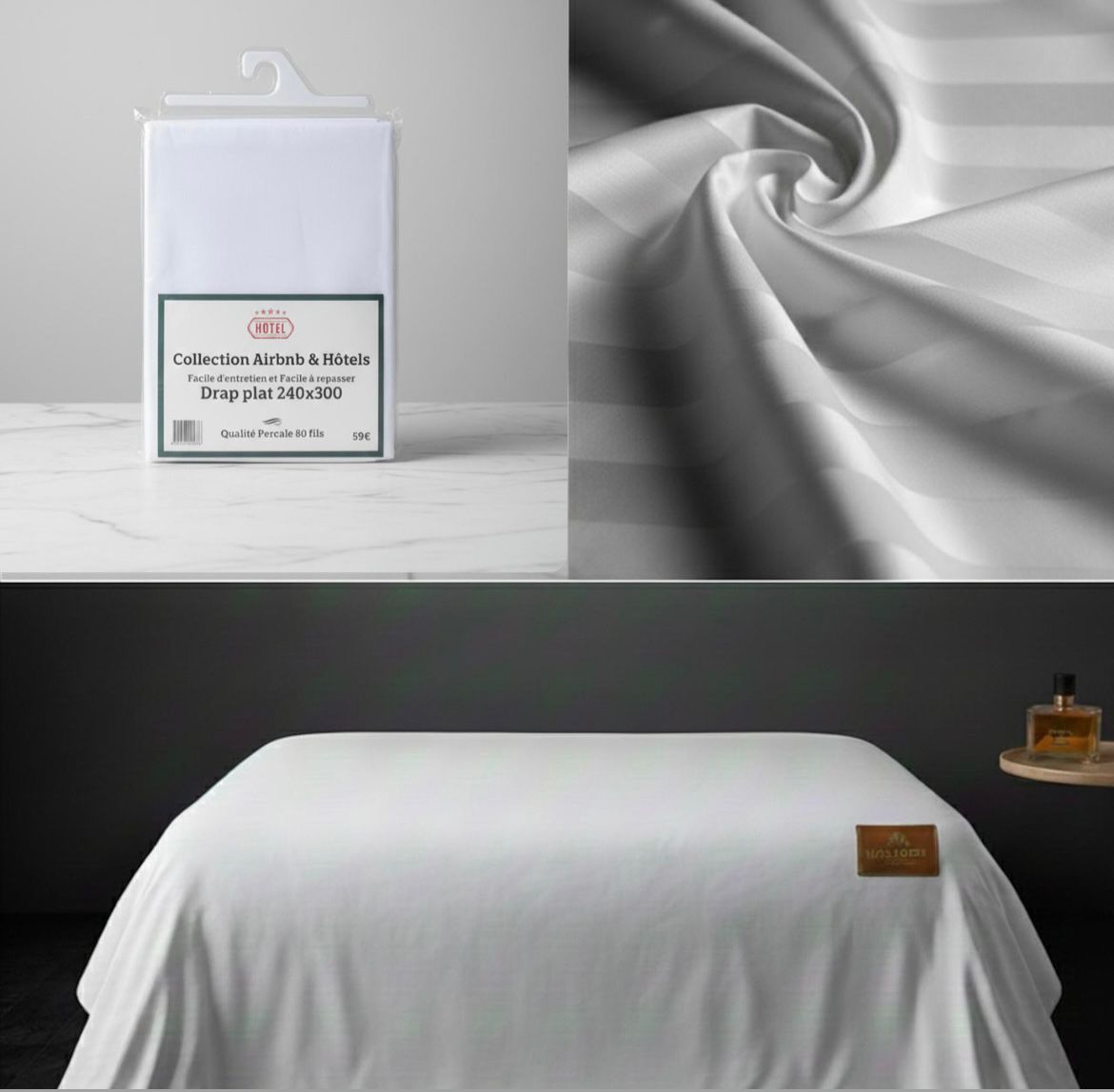 Drap en coton percale 80 fils blanc – qualité hôtel, présentation lit et pack produit
