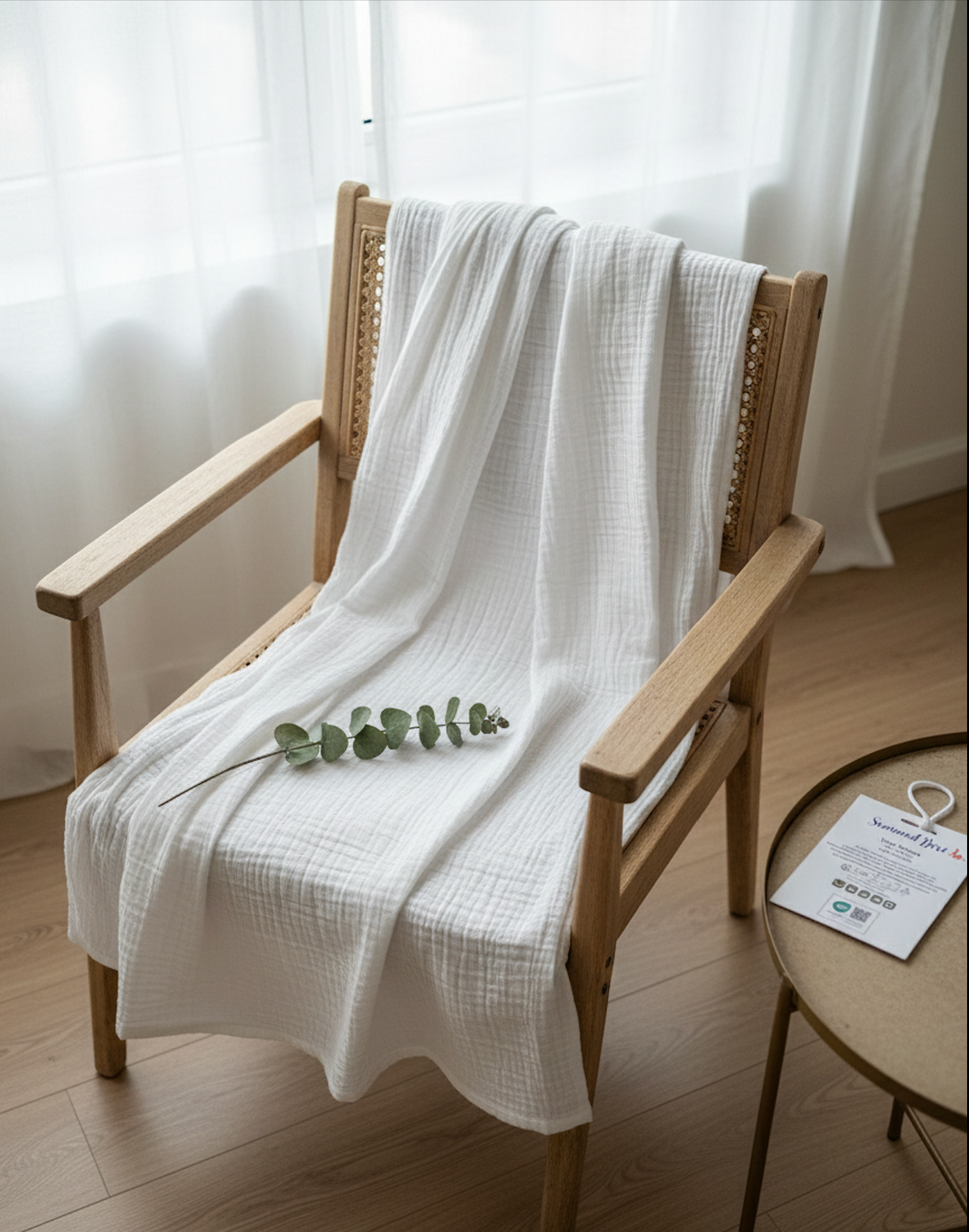 Drap housse en gaze de coton beige plié, chaise poser tissu respirant et toucher naturel