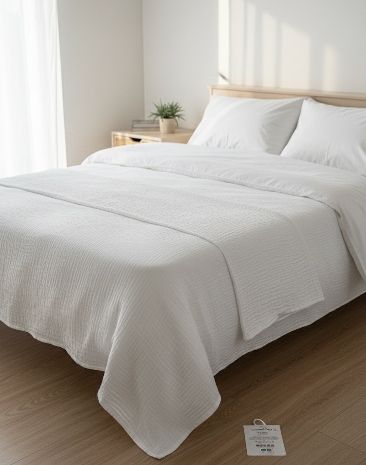 Drap housse en gaze de coton blanc sur lit, ambiance chambre moderne et lumineuse