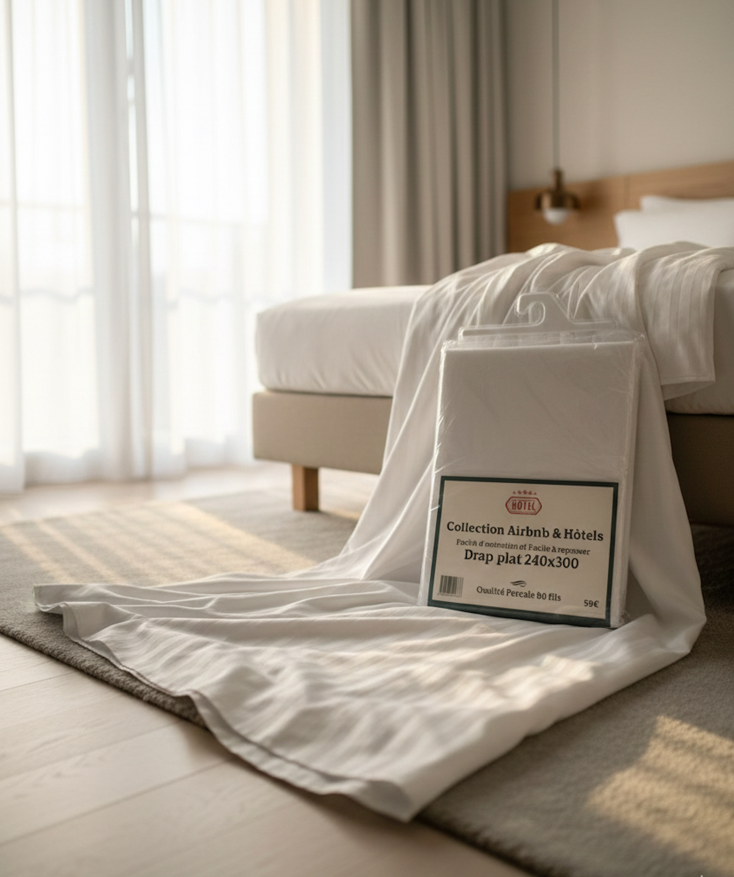 Emballage du drap plat percale 80 fils 240x300 – collection hôtel, présenté sur lit
