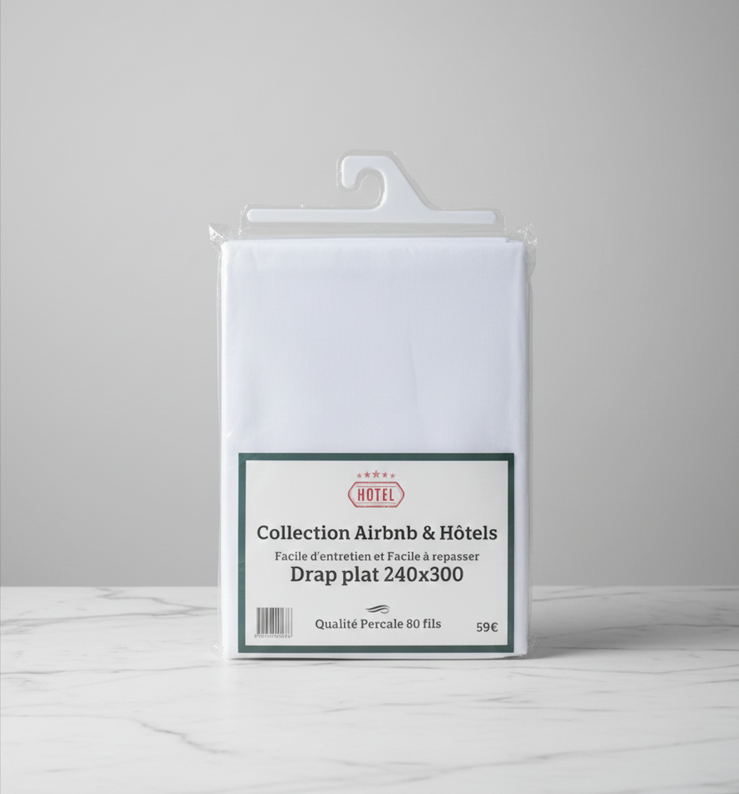 Drap plat blanc 240x300 en percale 80 fils – packaging collection hôtel