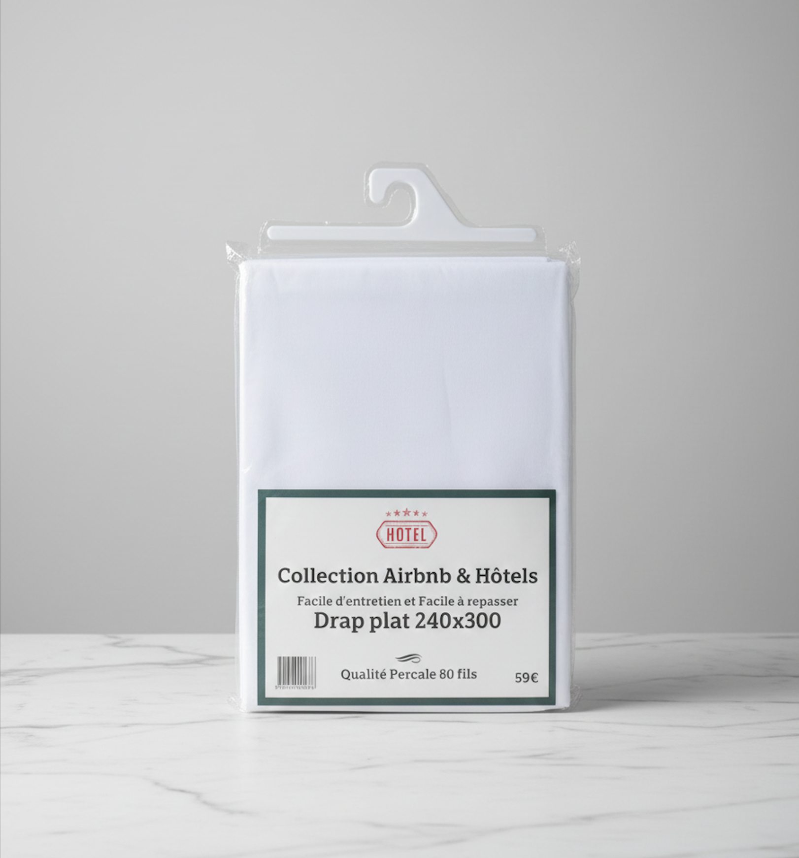 Drap plat blanc 240x300 en percale 80 fils – packaging collection hôtel