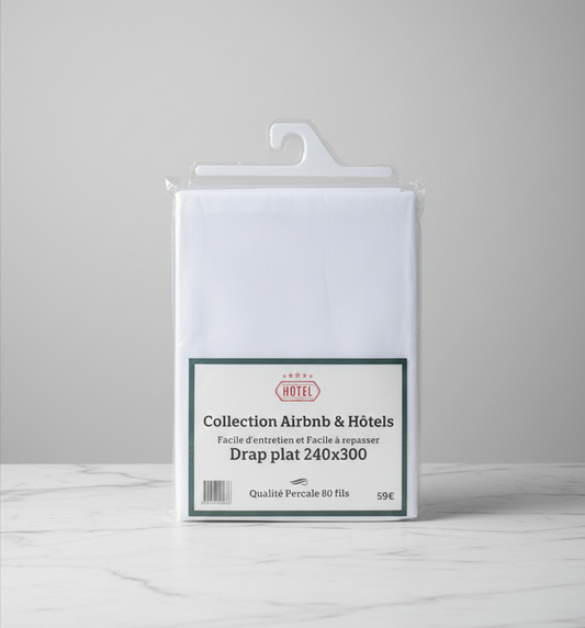 Drap plat blanc 240x300 en percale 80 fils – packaging collection hôtel