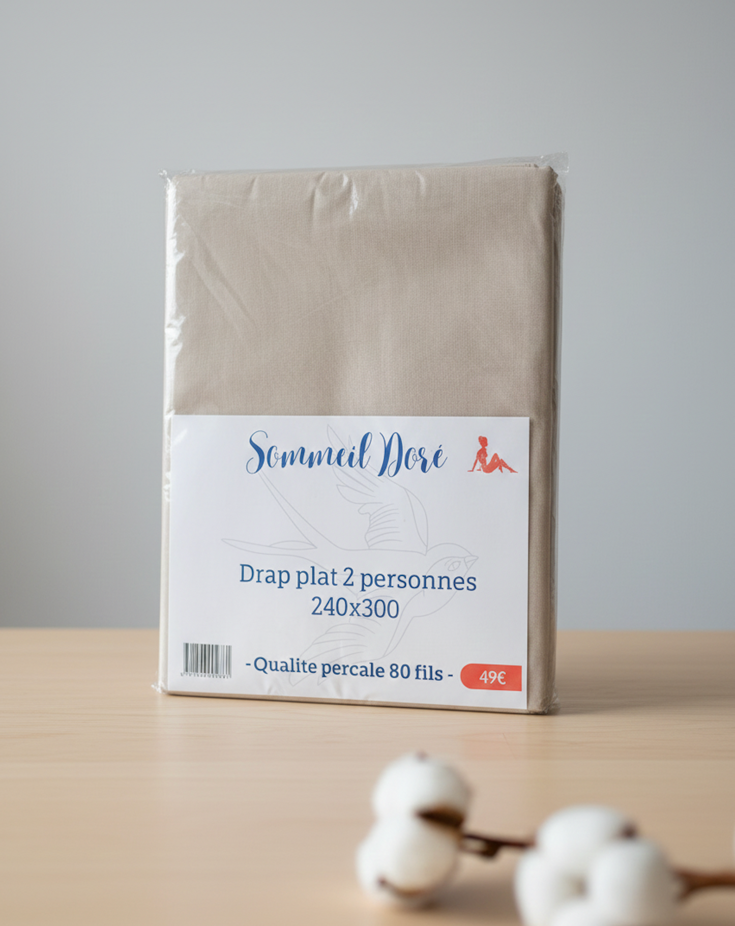 Drap plat beige 80 fils Sommeil Doré en emballage, taille 240x300 pour 2 personnes .
