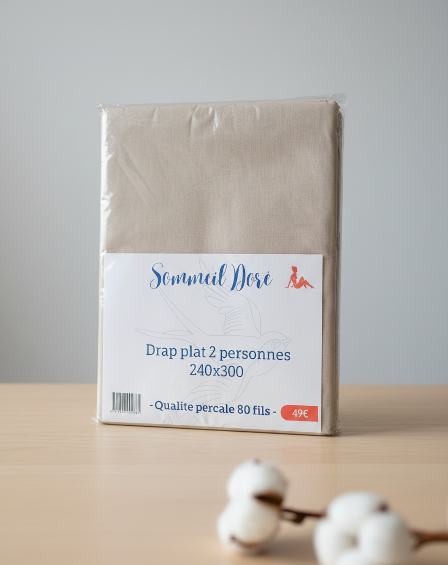 Drap plat beige 80 fils Sommeil Doré en emballage, taille 240x300 pour 2 personnes .
