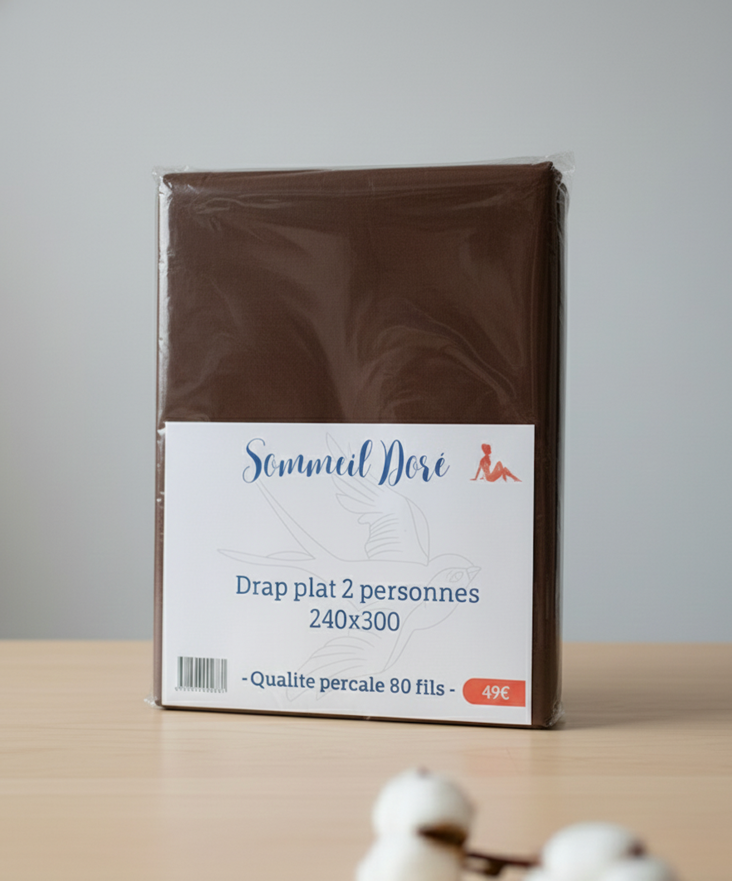 Drap plat marron en percale 80 fils, emballage avant
