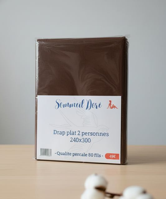 Drap plat marron en percale 80 fils, emballage avant
