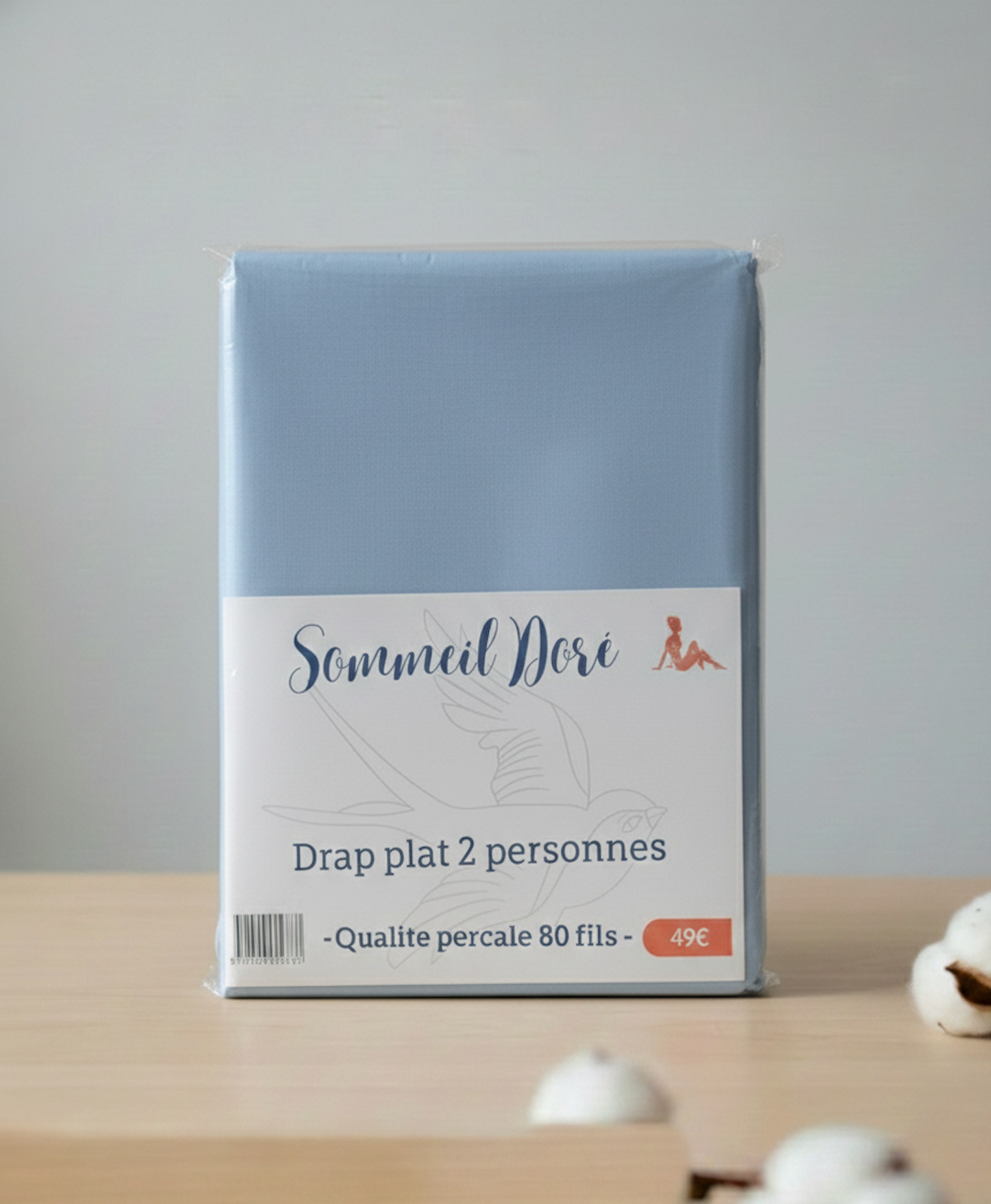 Drap plat 2 personnes bleu clair Sommeil Doré – qualité percale 80 fils, emballage avant