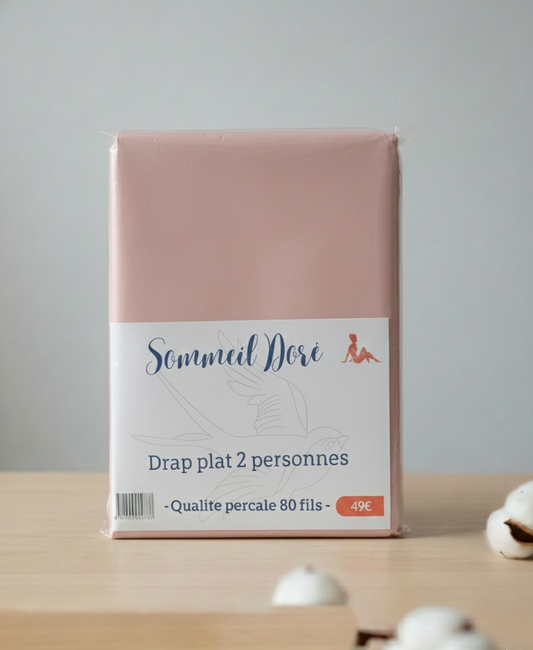 Drap plat rose 80 fils en percale, modèle 2 personnes, présenté dans son emballage