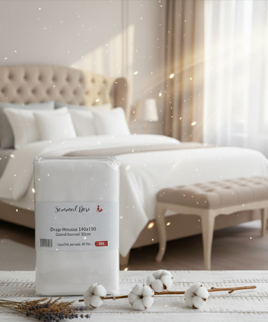 Ensemble de draps en coton percale blanc avec housse et drap plat, linge de lit doux et élégant posé sur un lit