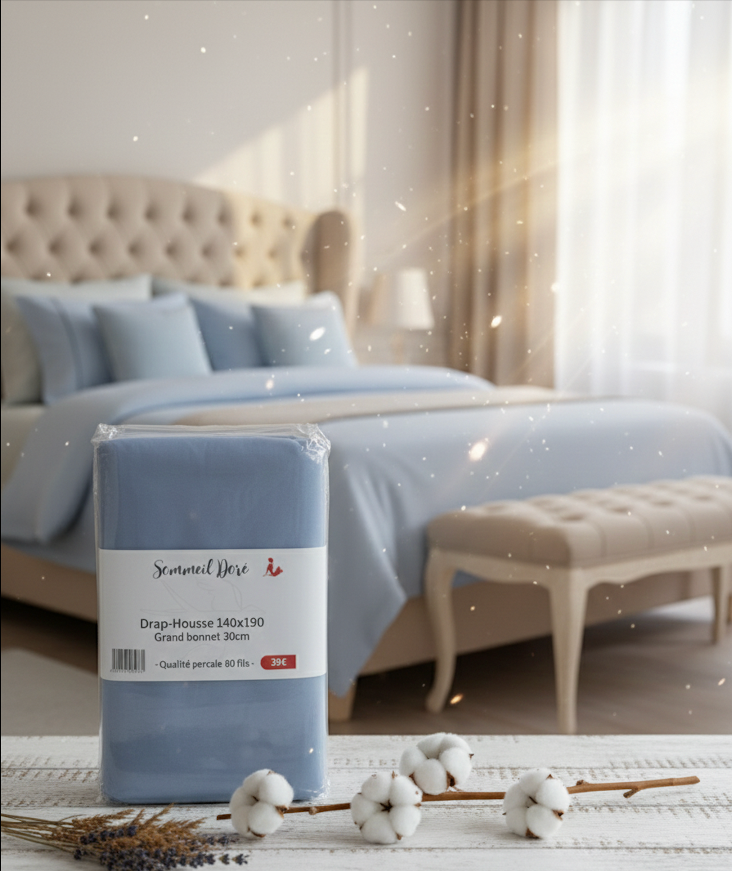 Ensemble de draps en coton percale bleu clair avec housse et drap plat, linge de lit doux et élégant posé sur un lit