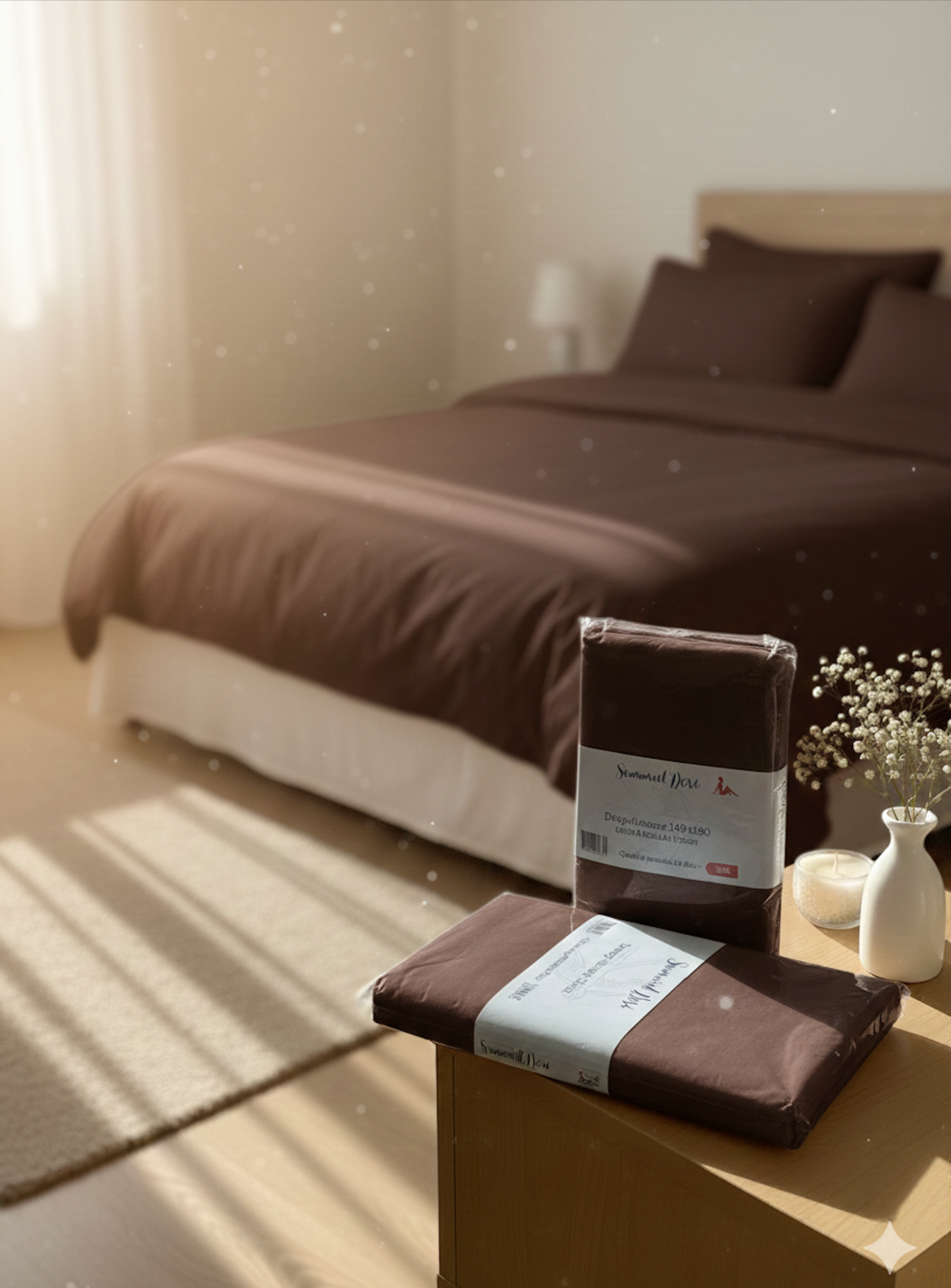 Ensemble de draps en coton percale marron clair avec housse et drap plat, linge de lit doux et élégant posé sur un lit