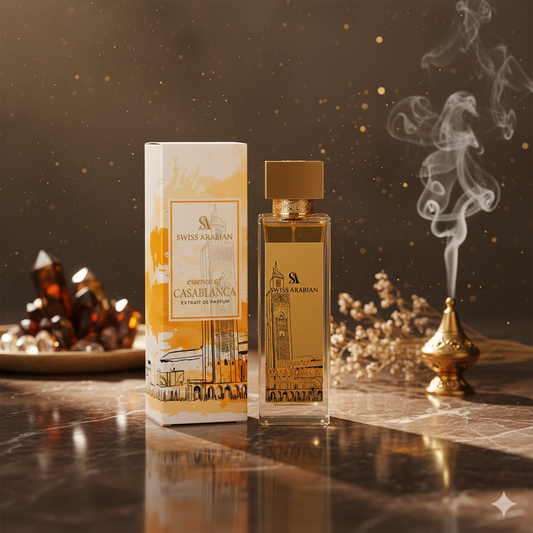 “Flacon Essence of Casablanca sur fond doré avec fumée orientale et accents lumineux.”